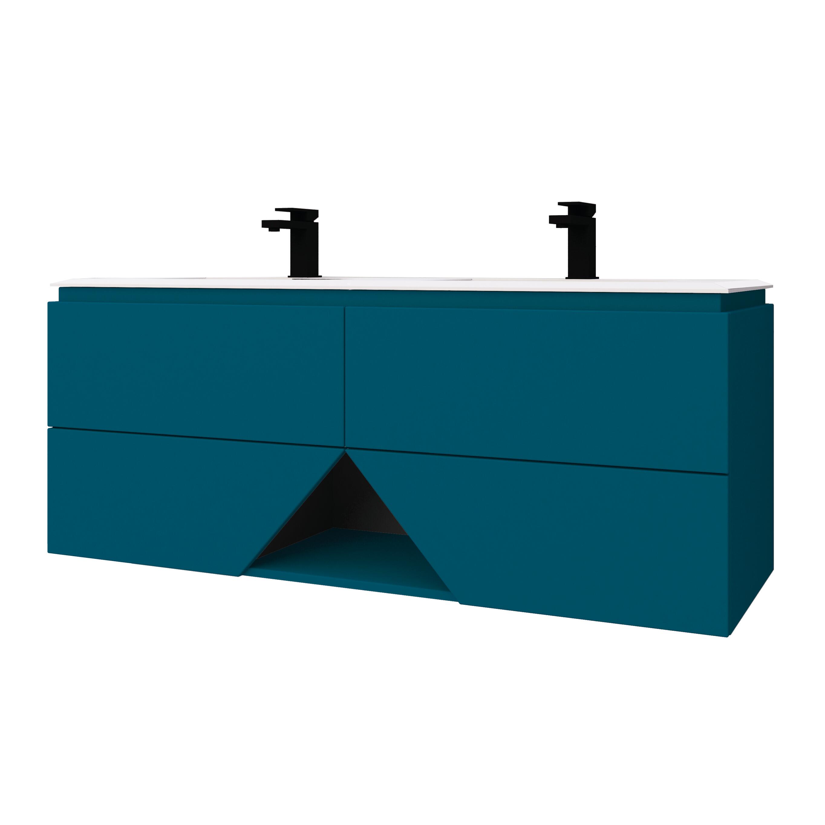 Mobile bagno sospeso con lavabo L 140 x H 55 x P 45.3 cm blu petrolio per doppia vasca Vintage - 2