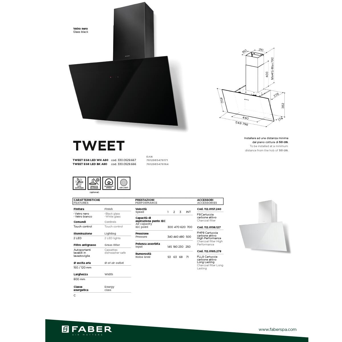 Cappa a parete Tweet EV8 LED BK A80 FABER nero L 80 cm - 5