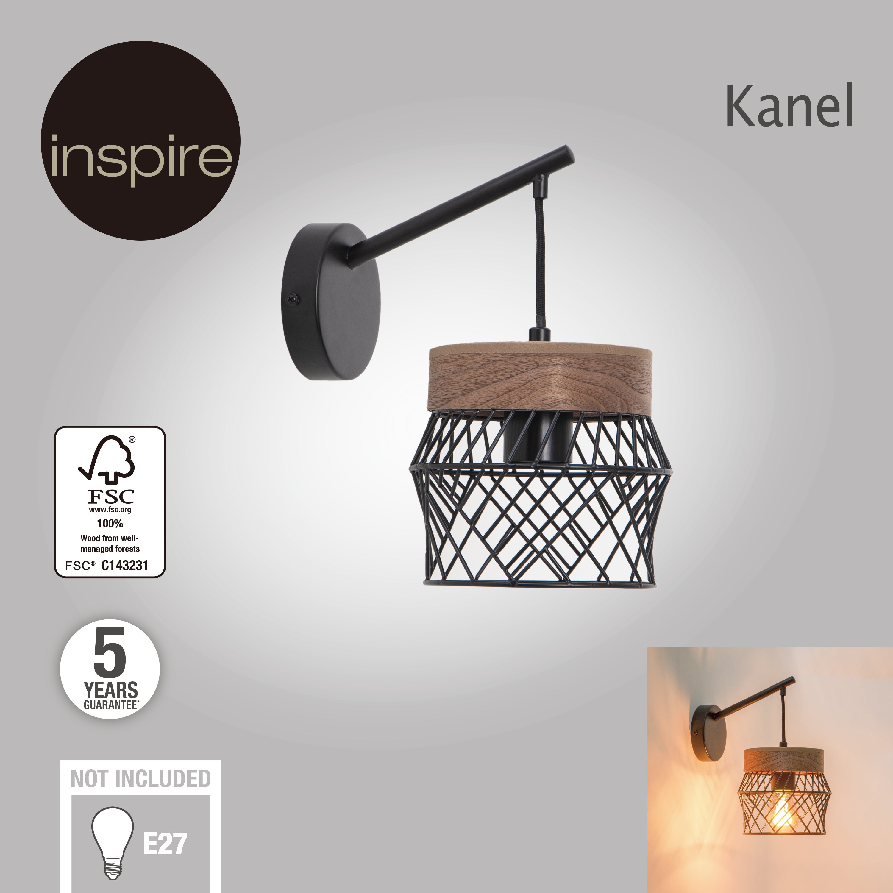 Kinkiet Kanel czarny z drewnem E27 Inspire - 20