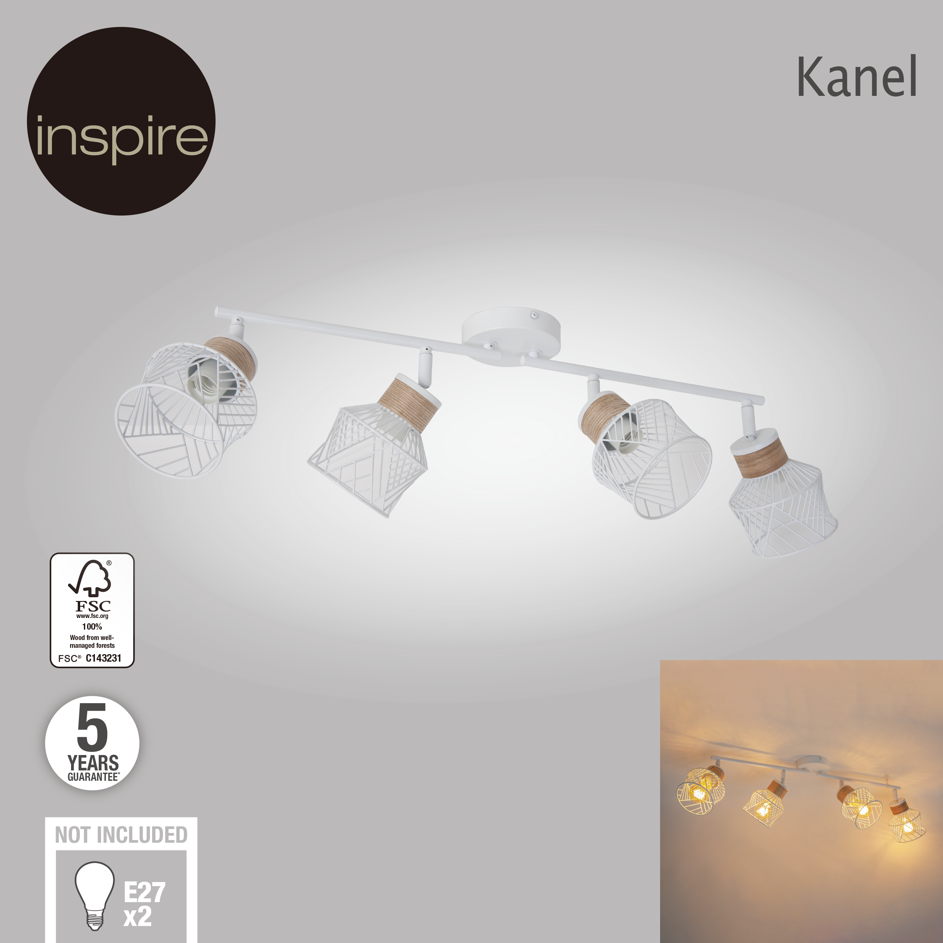 Listwa reflektorowa Kanel biała z drewnem E27 Inspire - 15