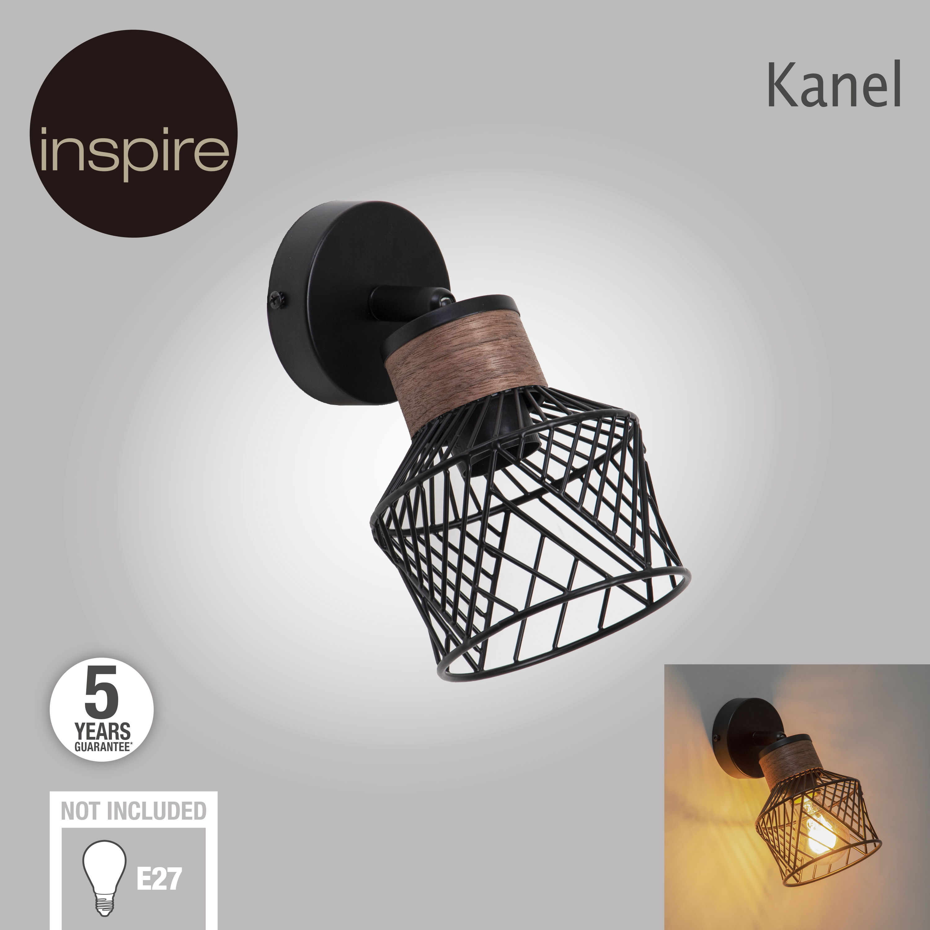 Reflektorek Kanel czarny z drewnem E27 Inspire - 14