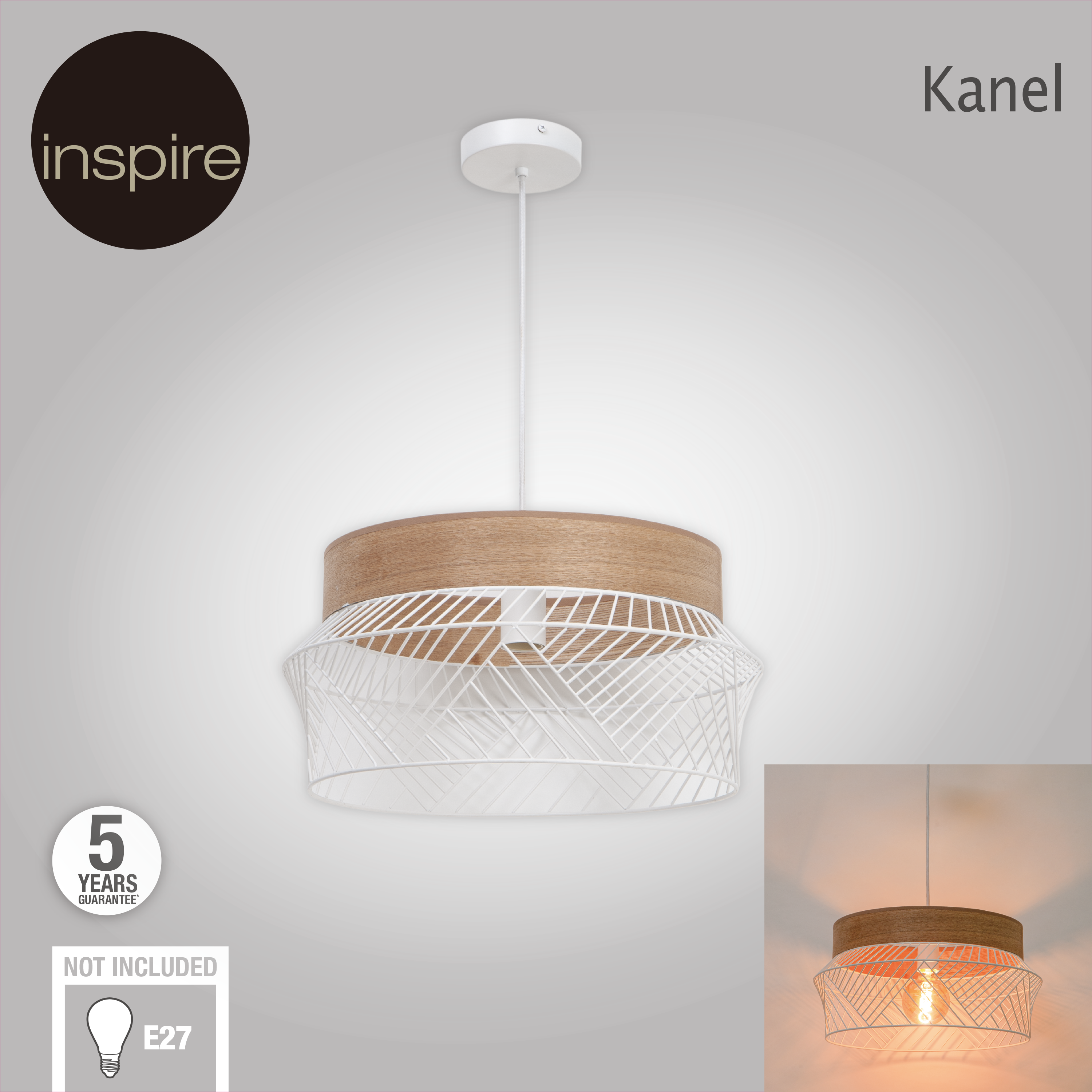 Lampa wisząca Kanel biała z drewnem E27 Inspire - 23