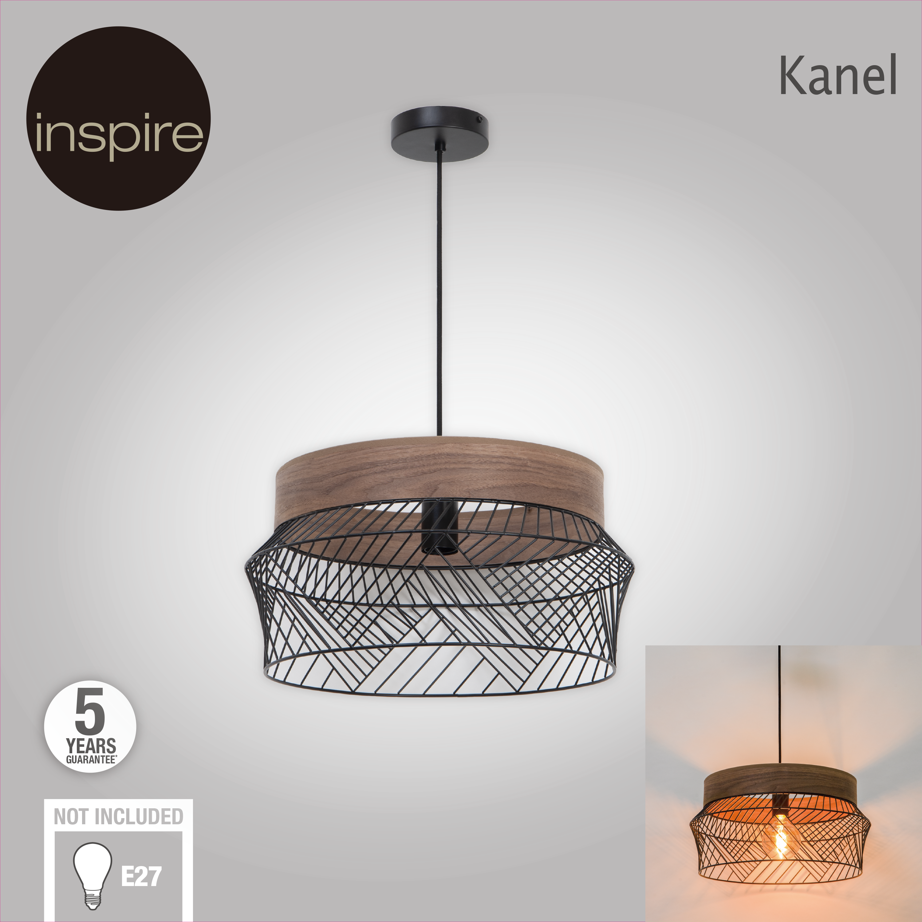 Lampa wisząca Kanel czarna z drewnem E27 Inspire - 20