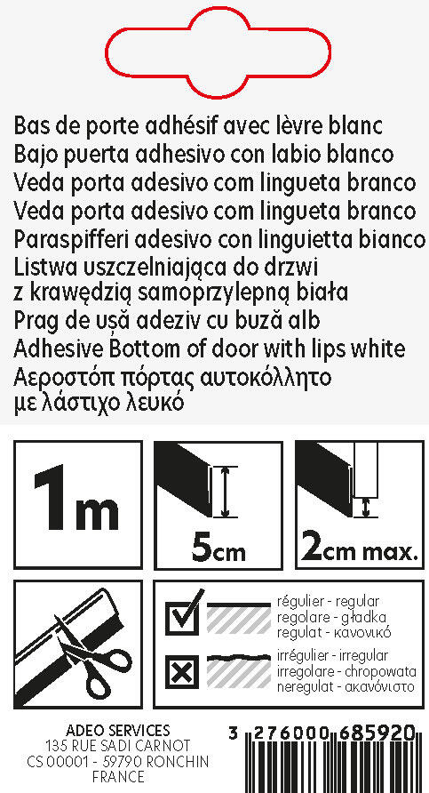Burlete de puerta interior econom adhesivo goma en color blanco, 20 mm de espesor x 5.8 cm de altura x 100 cm de longitud. Perfil junta plano. Recortable. Tipo de instalación encolado. - 2