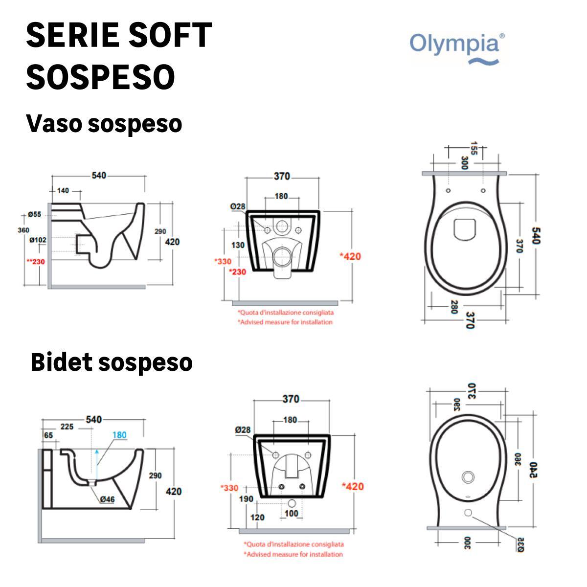 Coppia sanitari scarico a parete OLYMPIA CERAMICA Soft bianco WC: P 54 x L 37 x H 42 cm, bidet: P 54 x L 37 x H 42 cm - 7