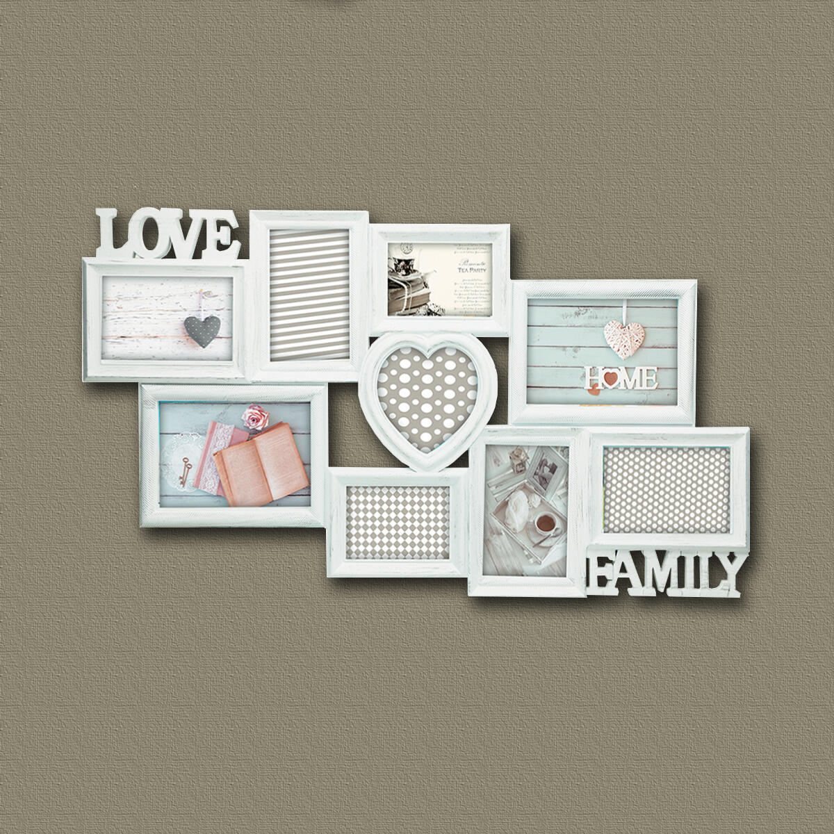 Cornice Love & family shabby, bianco misure 31.5 x 73.5 cm per 9 fotografie - 2