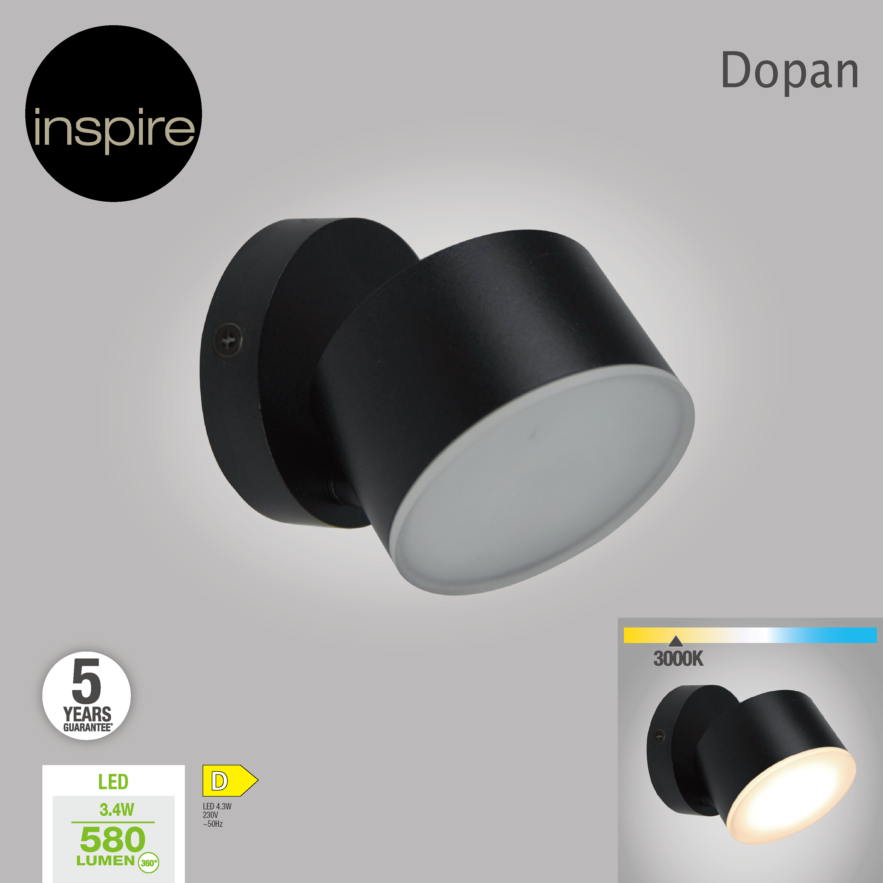 Applique LED Dopan 580 lumens, noir INSPIRE - 5