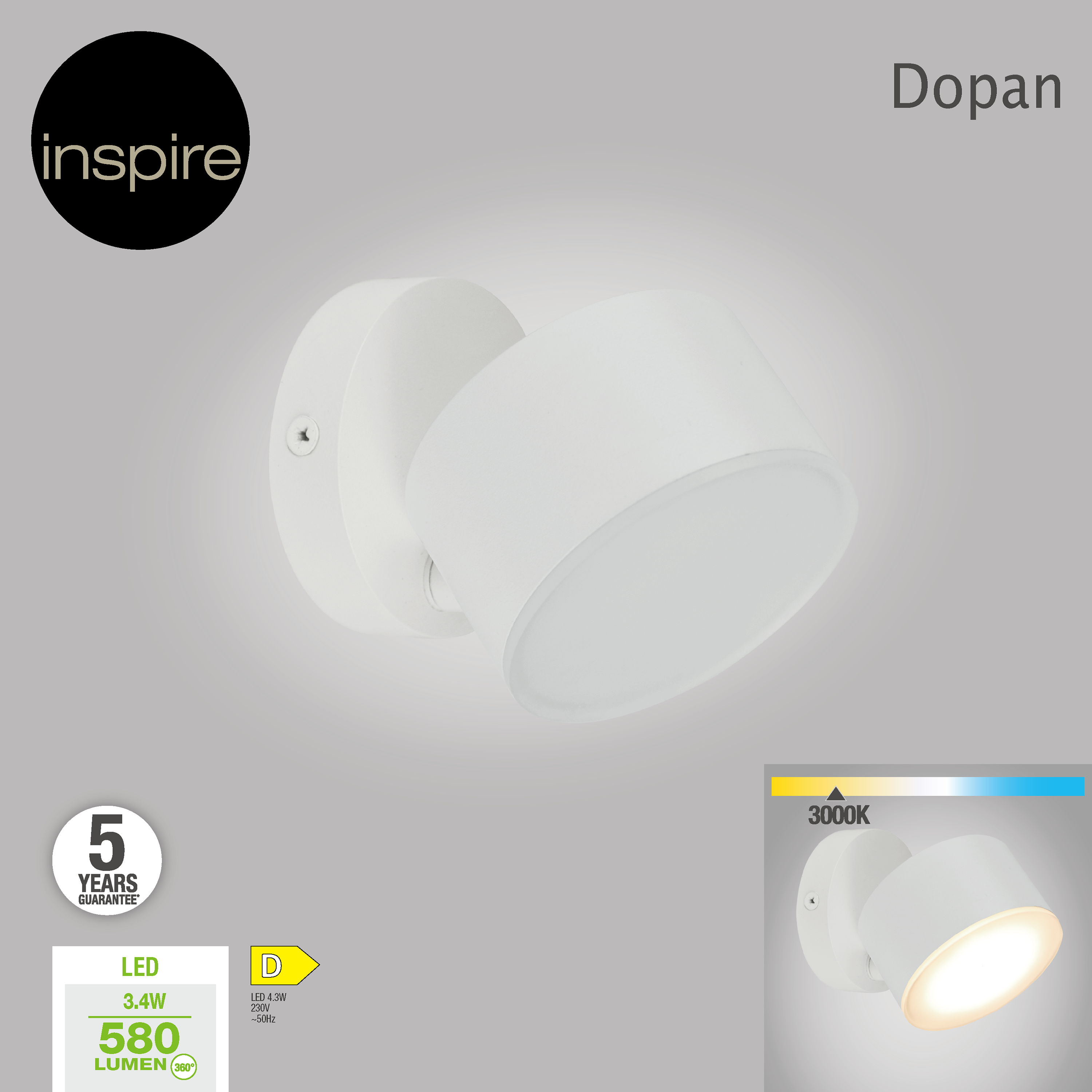 Applique murale LED, aluminium / acrylique, blanc, Dopan, INSPIRE - 3
