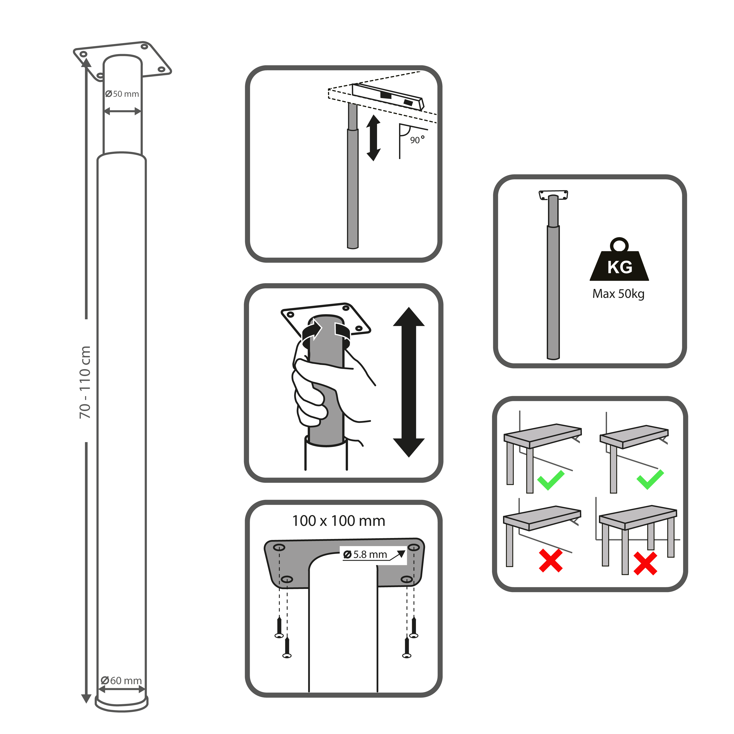 Pied de table blanc, diamètre 6 cm x hauteur réglable de 70 à 110 cm - 9