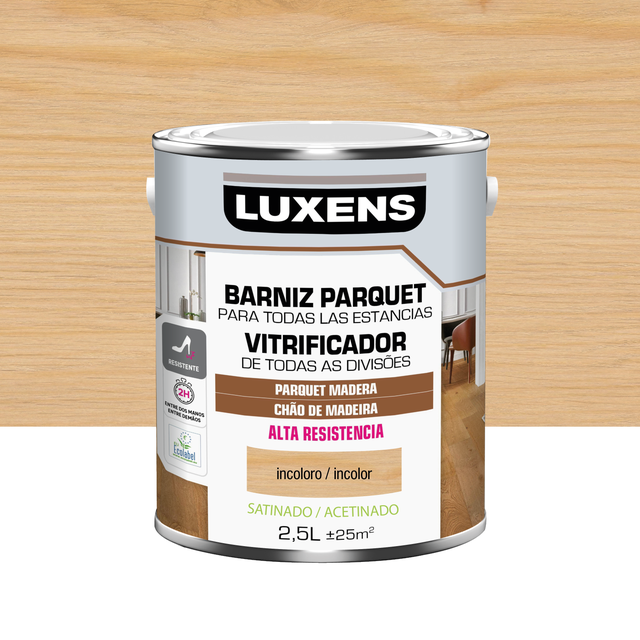 Barniz para parquet LUXENS incoloro, acabado satinado de 2.5 litros. Base agua.