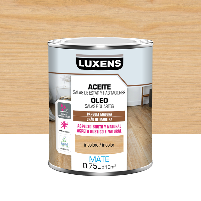 Aceite de madera interior LUXENS incoloro, acabado mate para parquet líquido de 750 ml. Base agua.