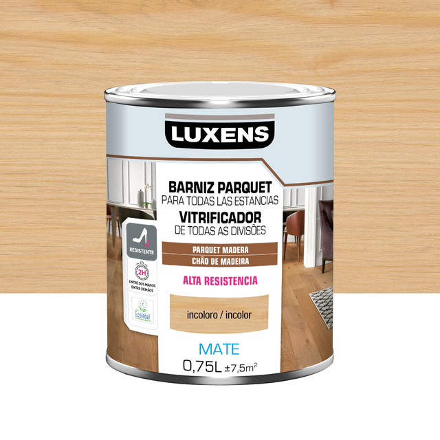 Barniz para parquet LUXENS incoloro, acabado mate de 750 ml. Base agua.