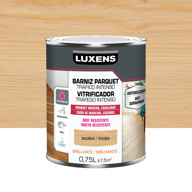 Barniz para parquet LUXENS Tráfico Intenso incoloro, acabado brillante de 750 ml. Base agua.