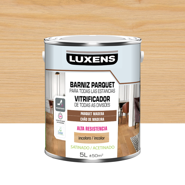 Barniz para parquet LUXENS incoloro, acabado satinado de 5 litros. Base agua.