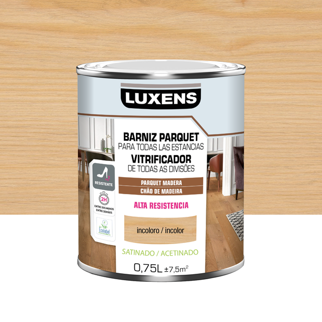 Barniz para parquet LUXENS incoloro, acabado satinado de 750 ml. Base agua.
