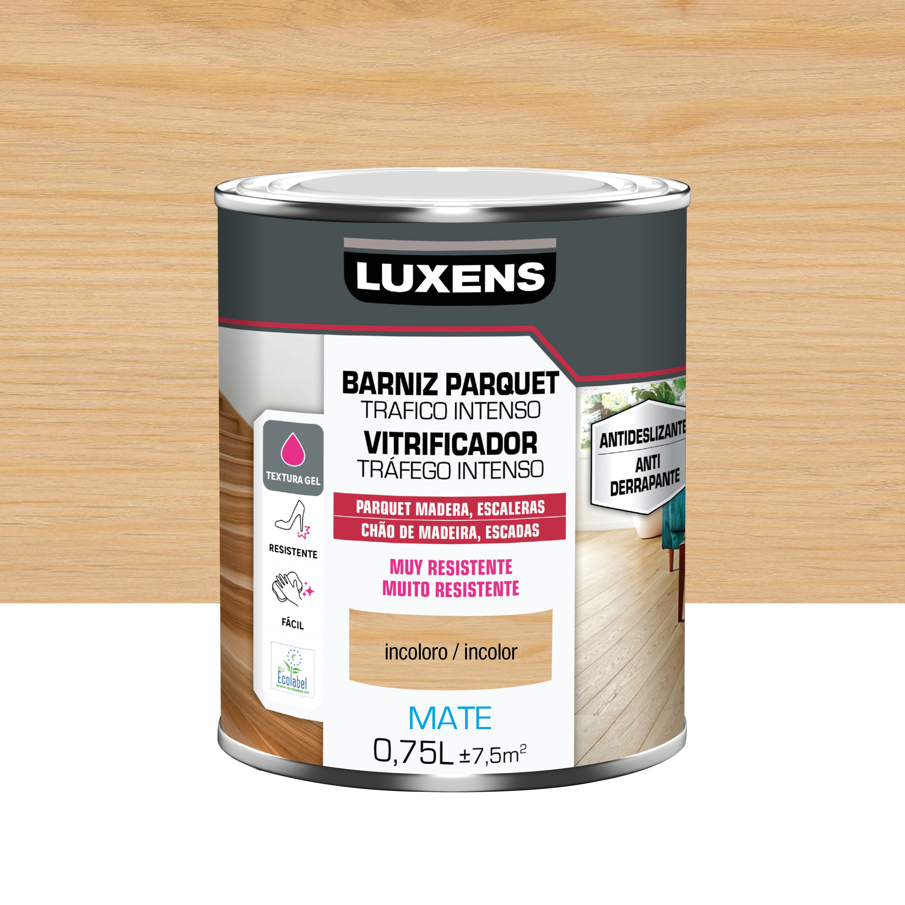 Barniz al agua parquet tráfico intenso mate luxens 750ml incoloro