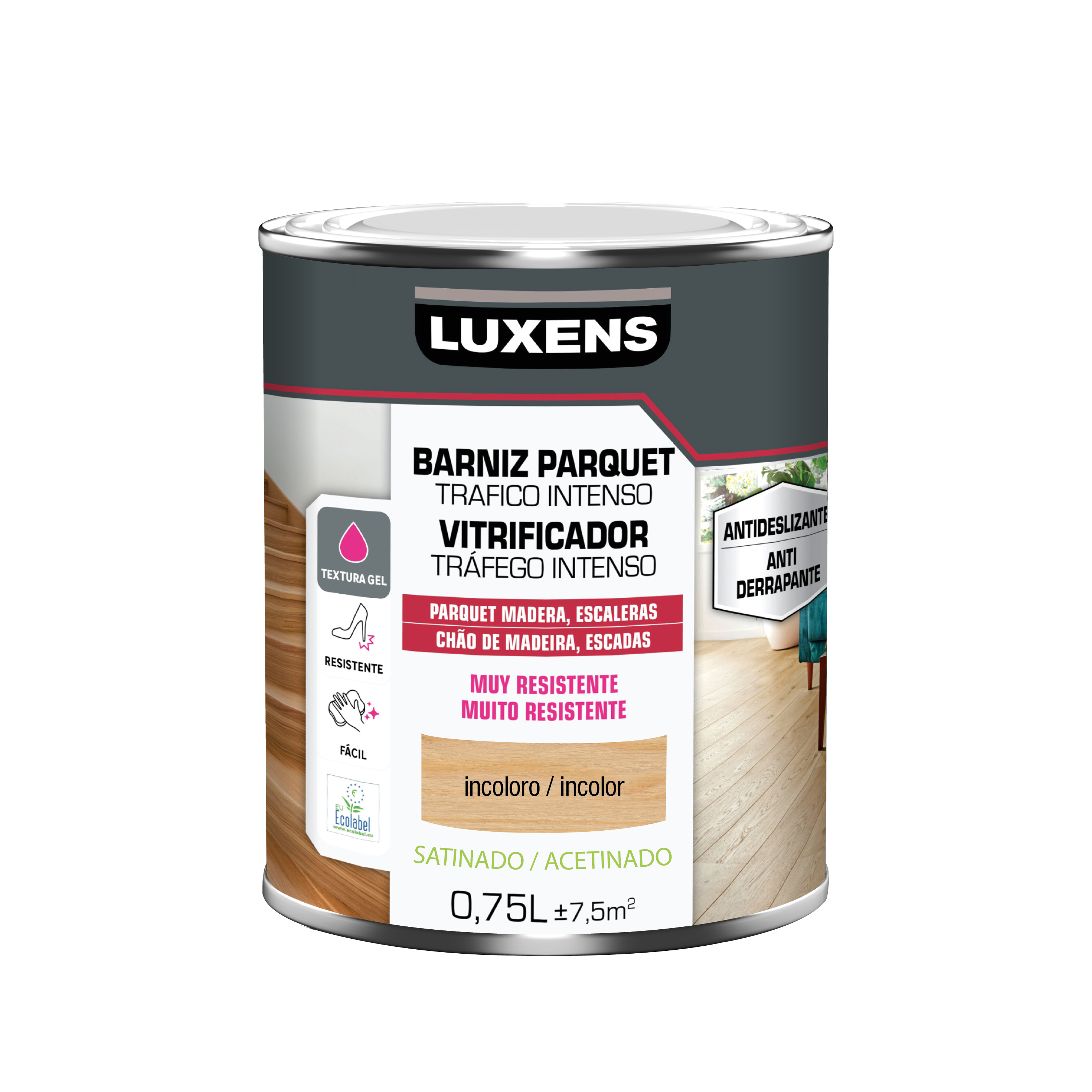 Barniz para parquet LUXENS Tráfico Intenso incoloro, acabado satinado de 750 ml. Base agua. - 2
