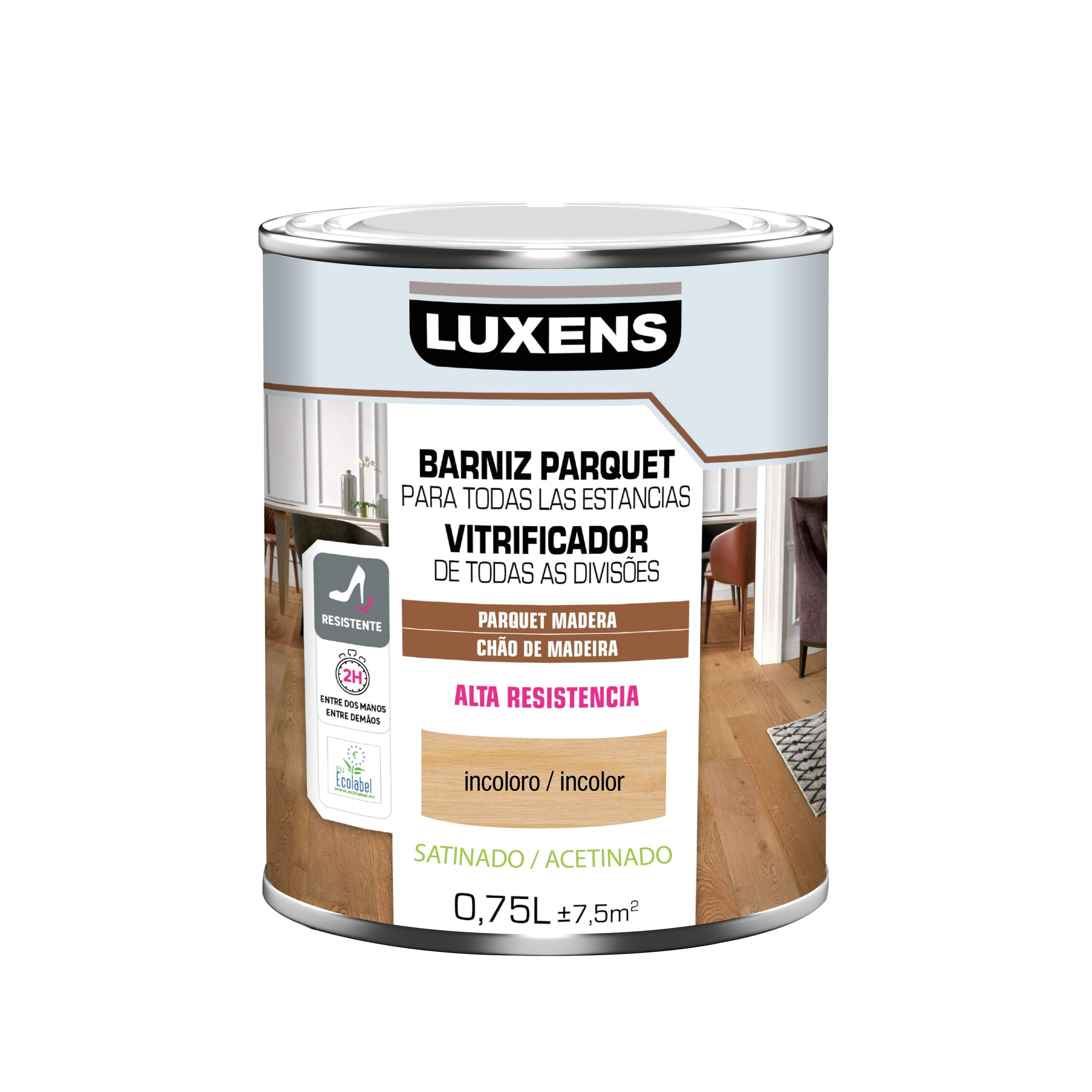 Barniz para parquet LUXENS incoloro, acabado satinado de 750 ml. Base agua. - 2