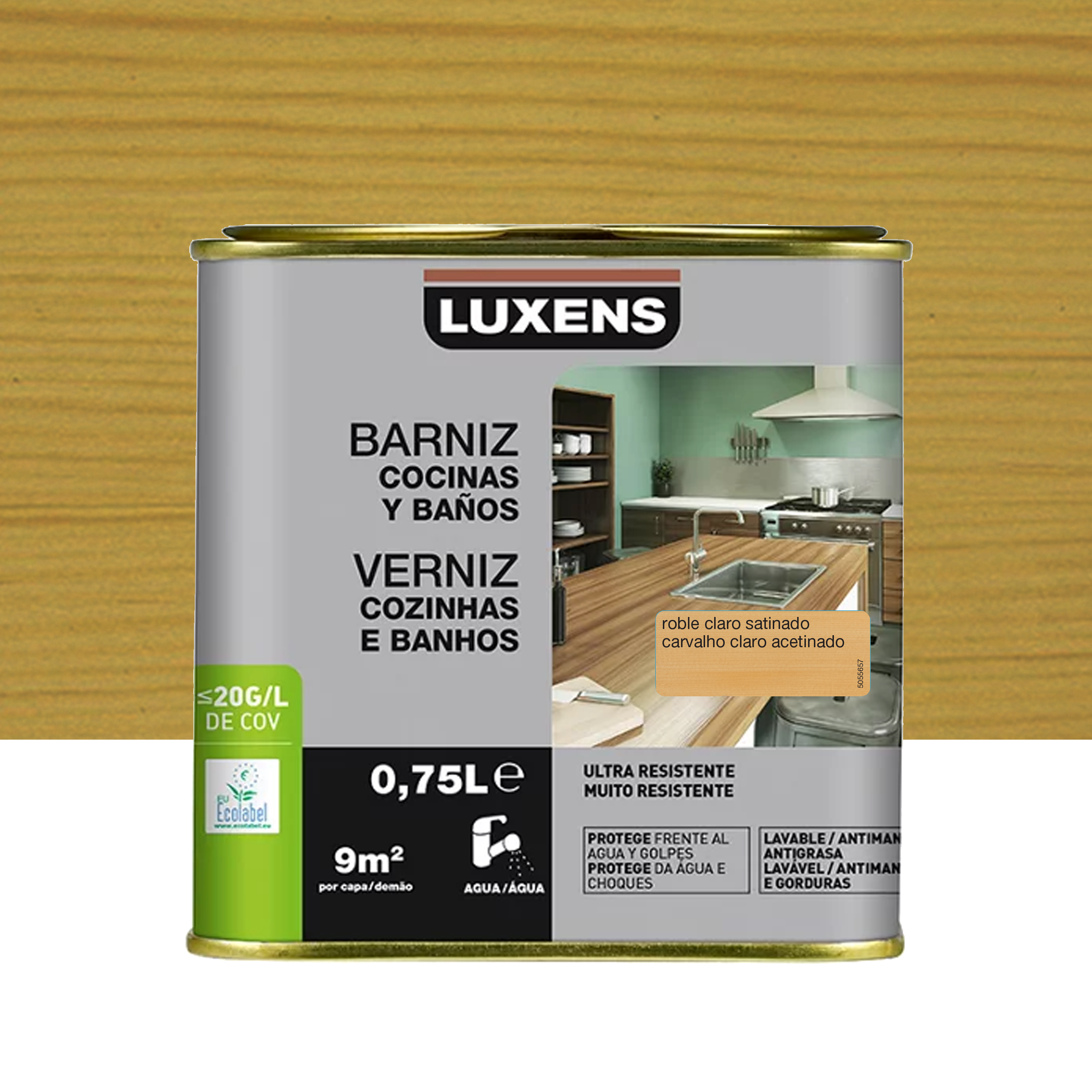 Barniz al agua para cocinas y baños satinado luxens 750ml roble claro