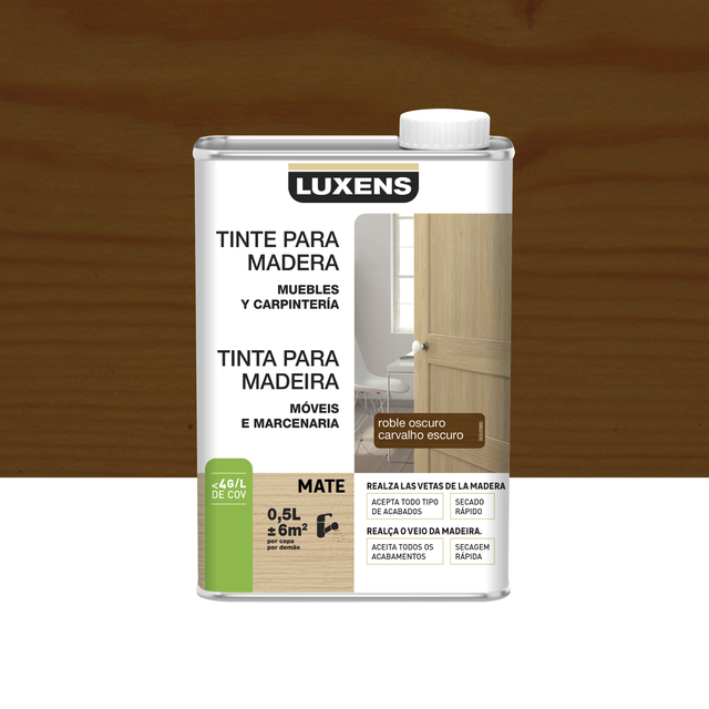 Tinte de madera interior LUXENS en color roble oscuro, acabado mate para mobiliario y puertas líquido de 500 ml. Base agua.