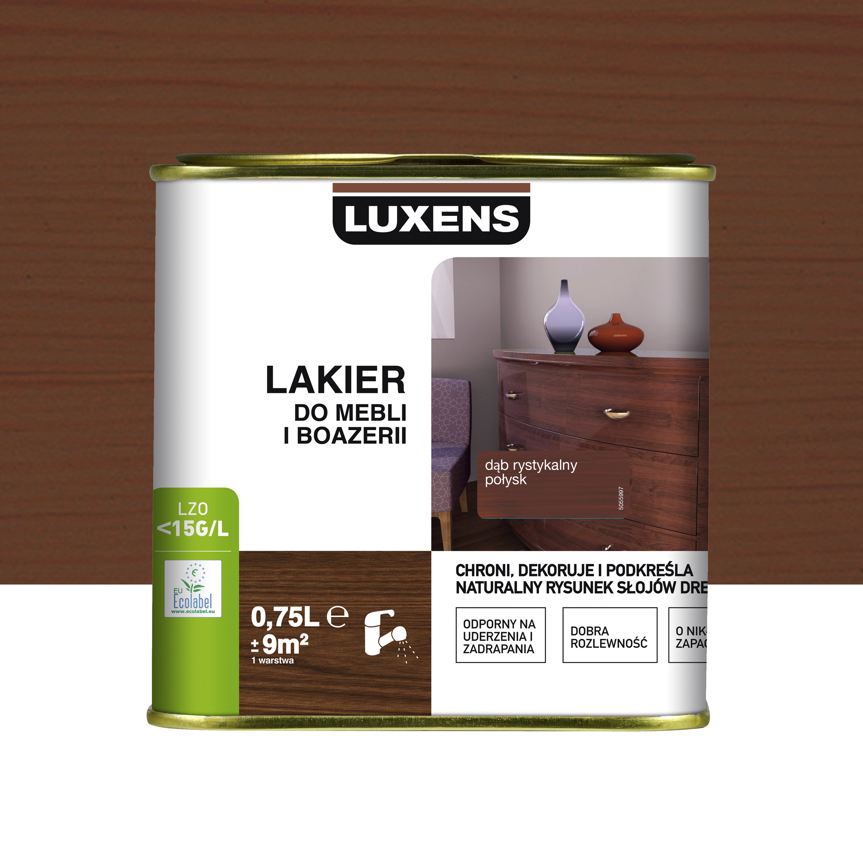 Lakier do mebli i boazerii 0.75 l Dąb Połysk Rustykalny Luxens