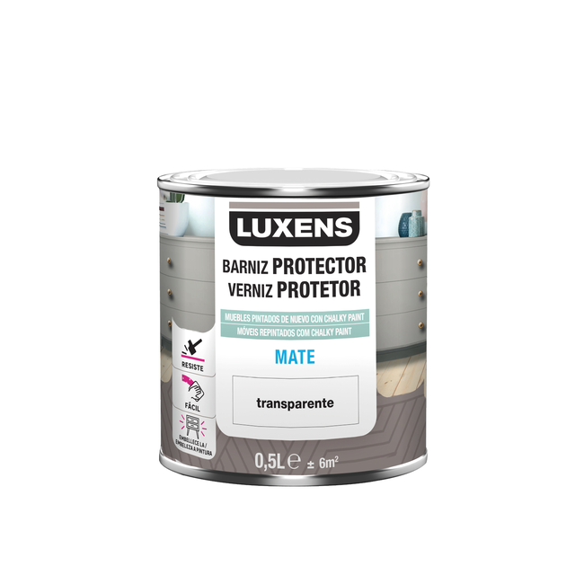 Barniz de madera interior LUXENS Chalk Protector transparente, acabado mate para mobiliario líquido de 500 ml. Base agua.