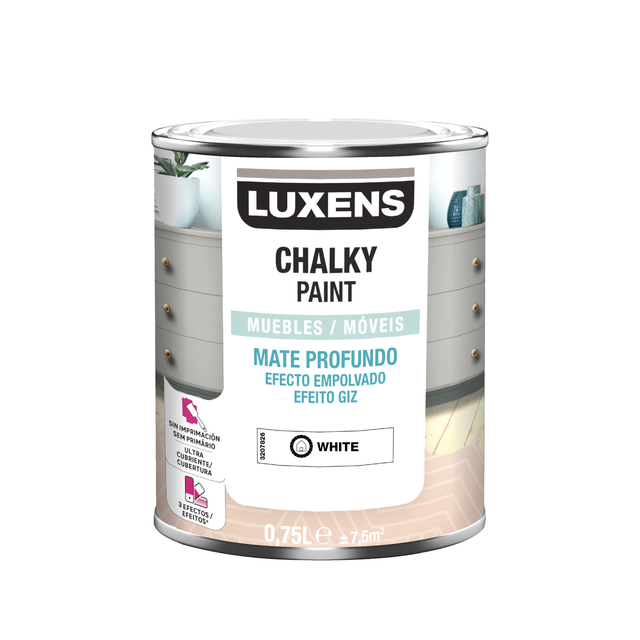 Pintura a la tiza LUXENS en color white mate para aplicar sobre madera 750 ml