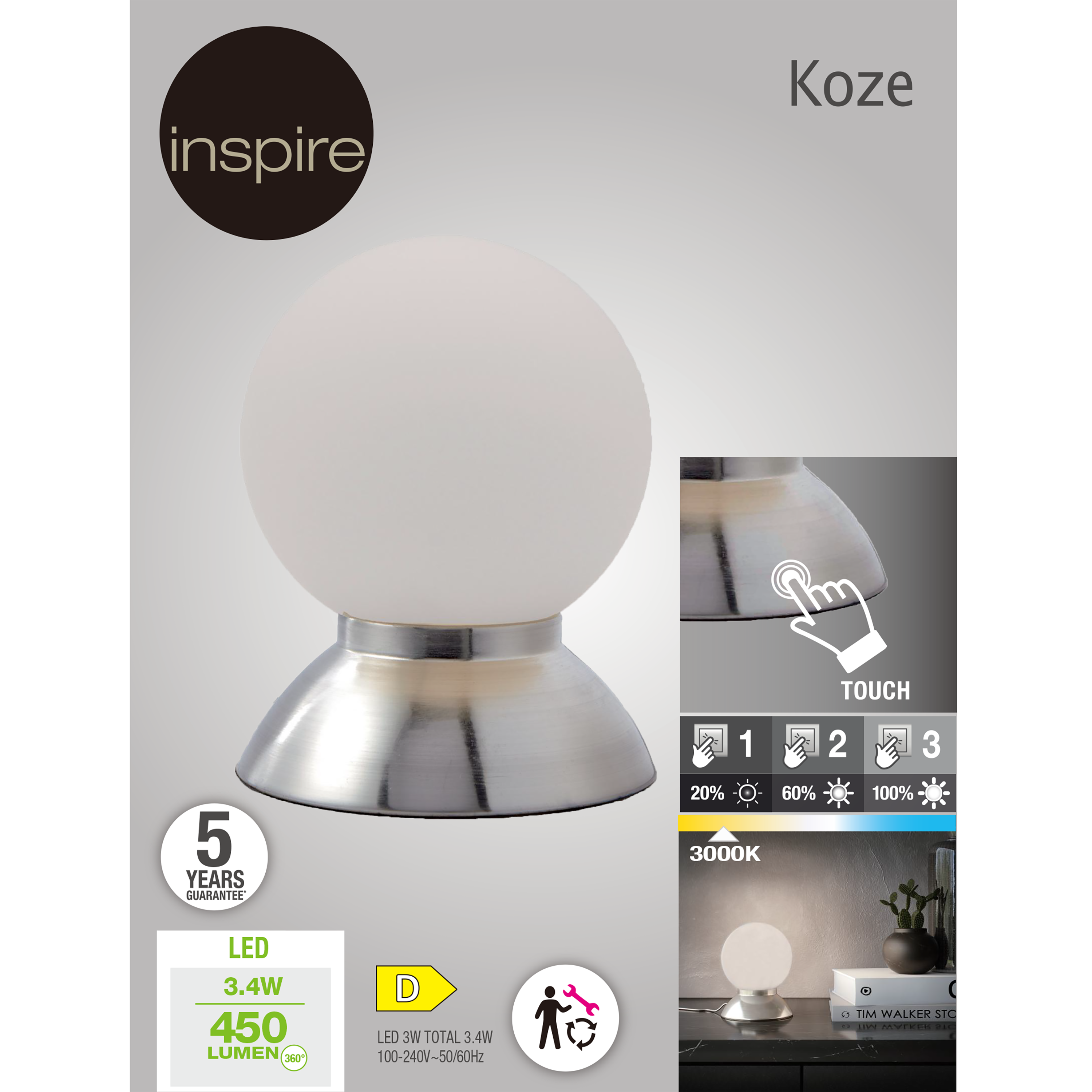 Lampe Koze tactile, fer, blanc, H.16.5 cm, INSPIRELED - 6