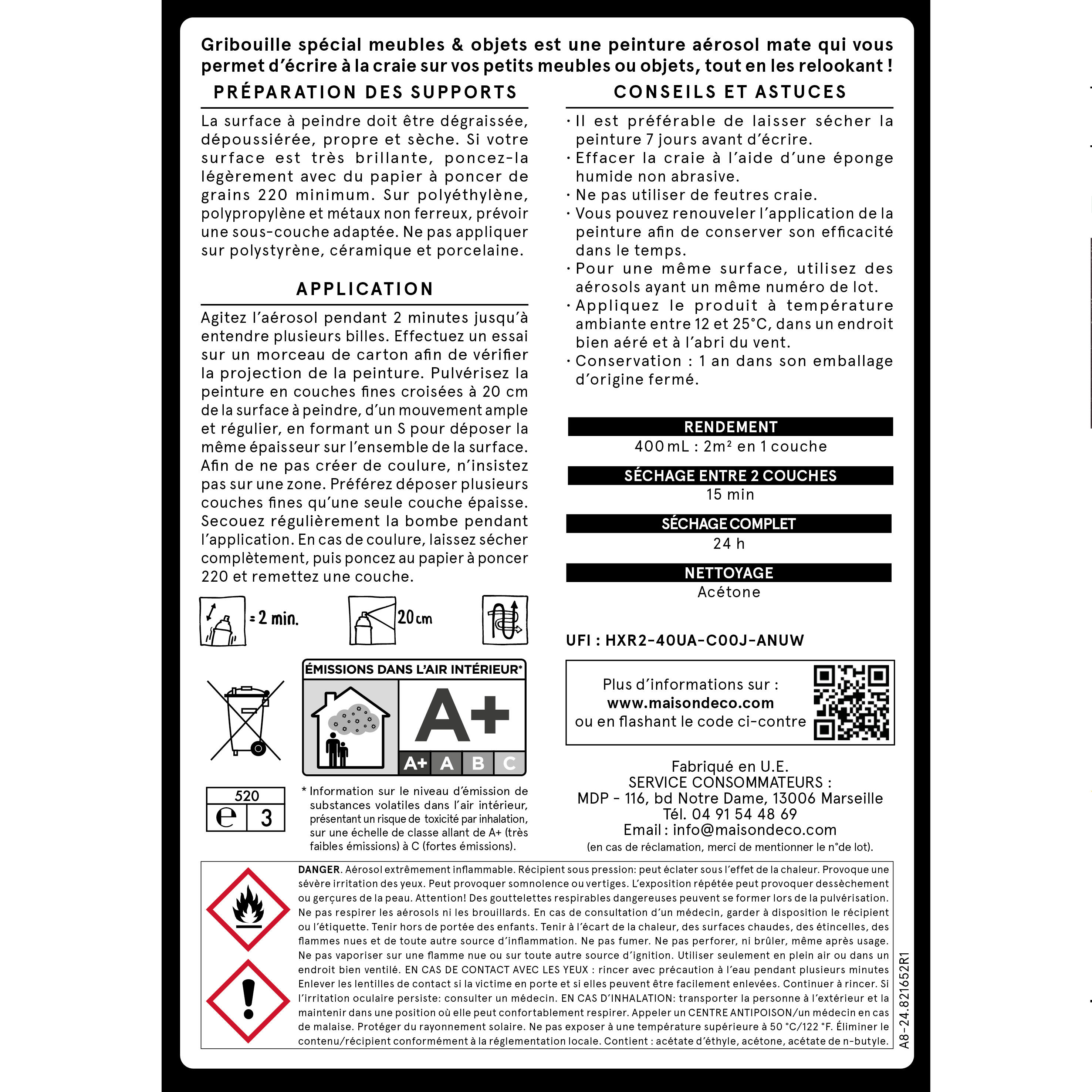 Bombe de peinture Tableau craie gribouille MAISON DECO noir mat 400 ml - 8