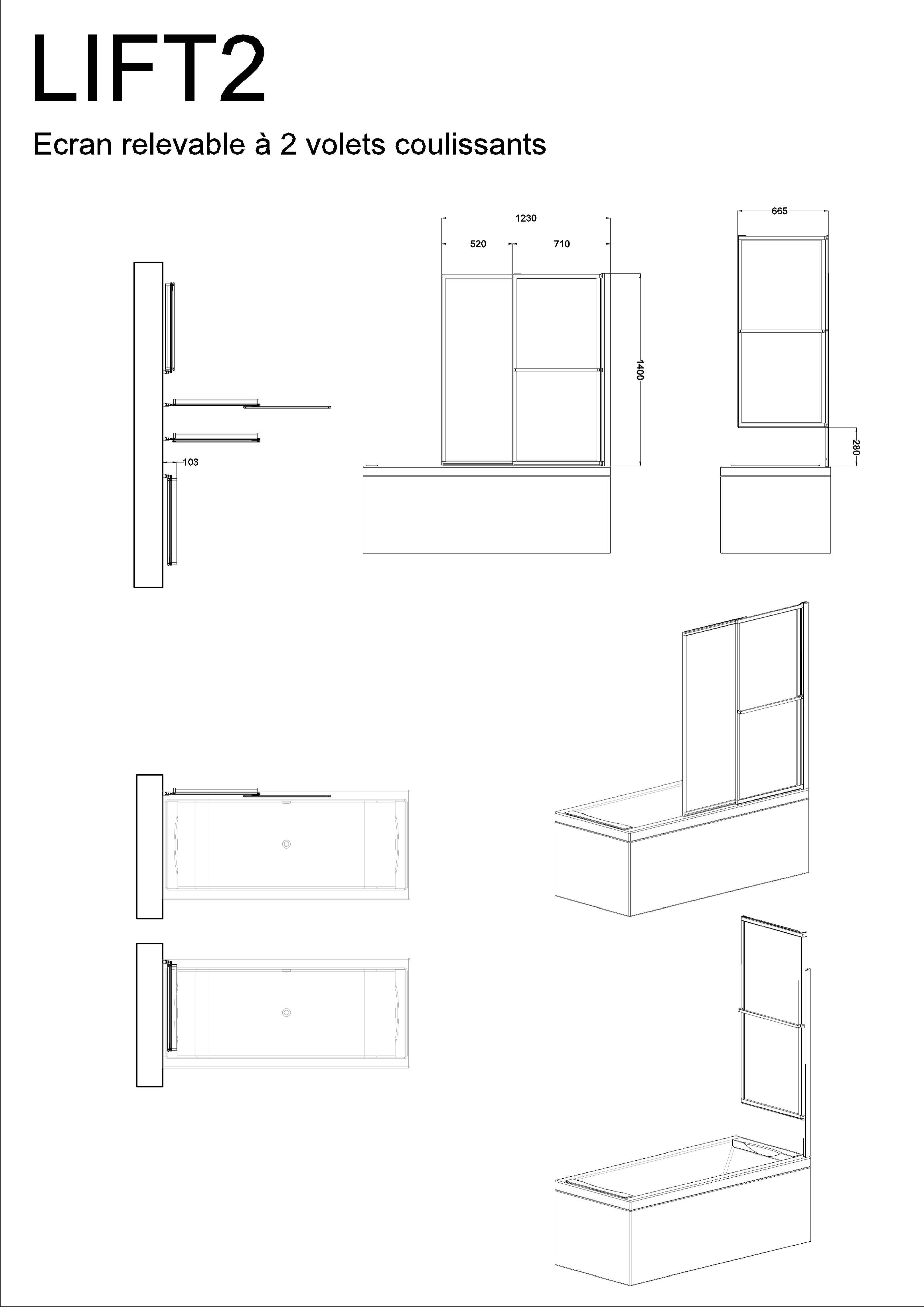 Pare-baignoire pivotant relevable transparent noir, H.140 x l.123 cm Lift - 9