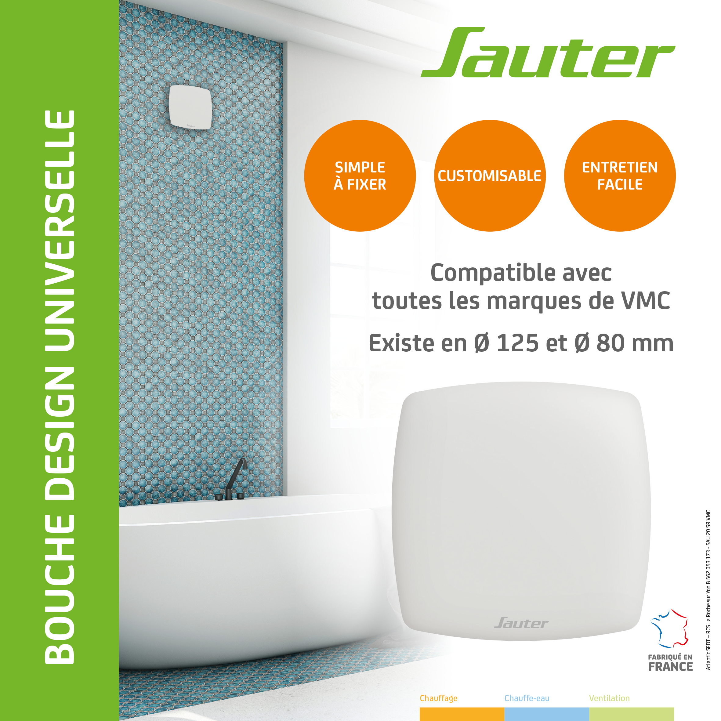 Bouche universelle design pour SDB/WC, SAUTER, pvc, Diam. 80 mm - 6