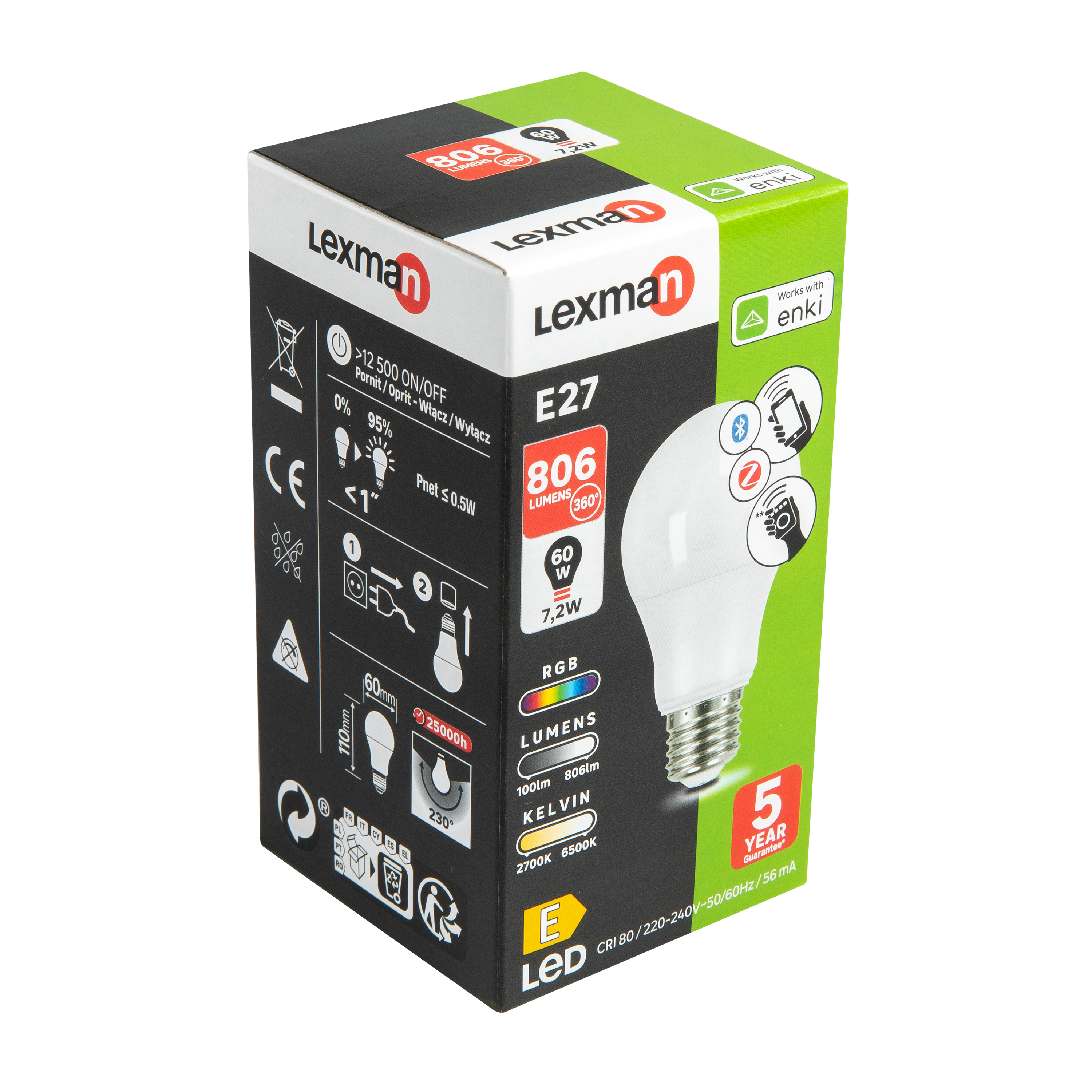 Ampoule led connectée E27, 806Lm = 60W, variations blanc & couleurs, LEXMAN ENKI - 5