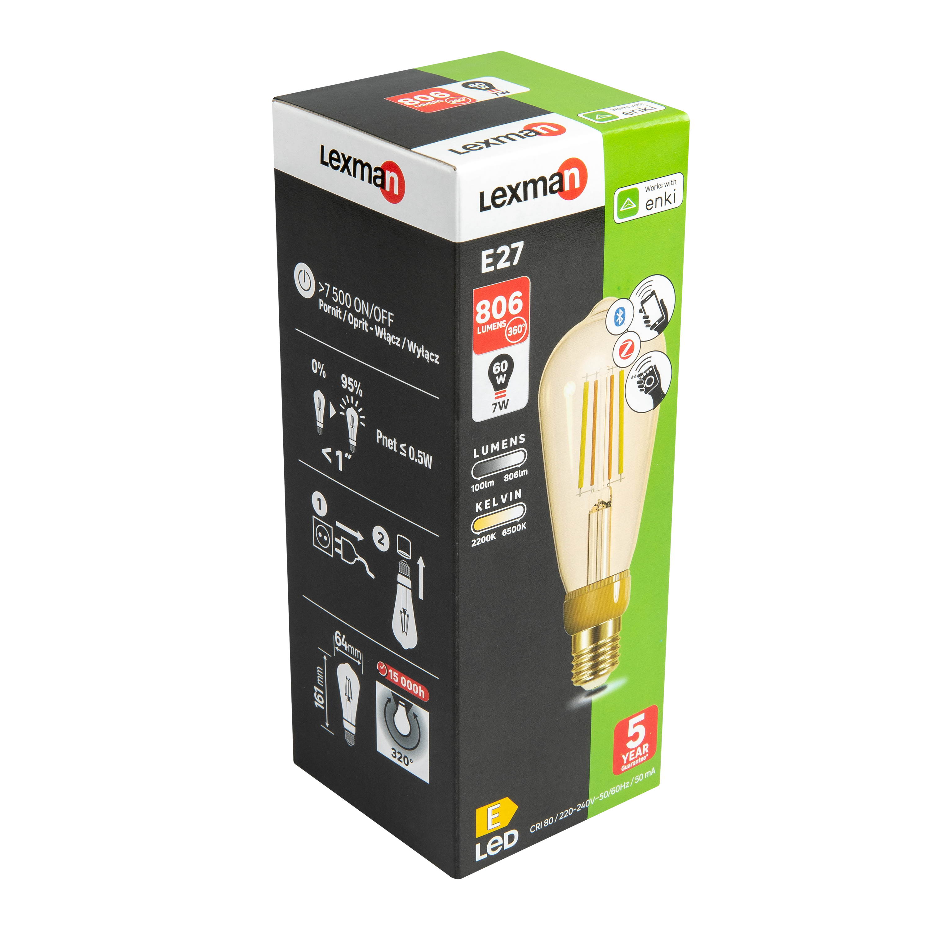 Ampoule led connectée edison E27, 806Lm = 60W, variation de blancs, LEXMAN ENKI - 6