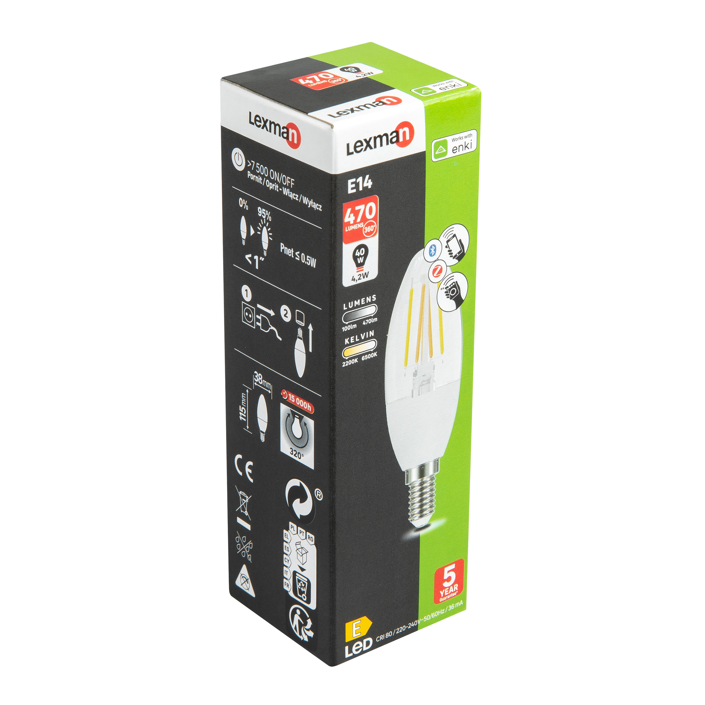 Ampoule led connectée flamme E14, 470Lm = 40W, variation de blancs, LEXMAN ENKI - 6