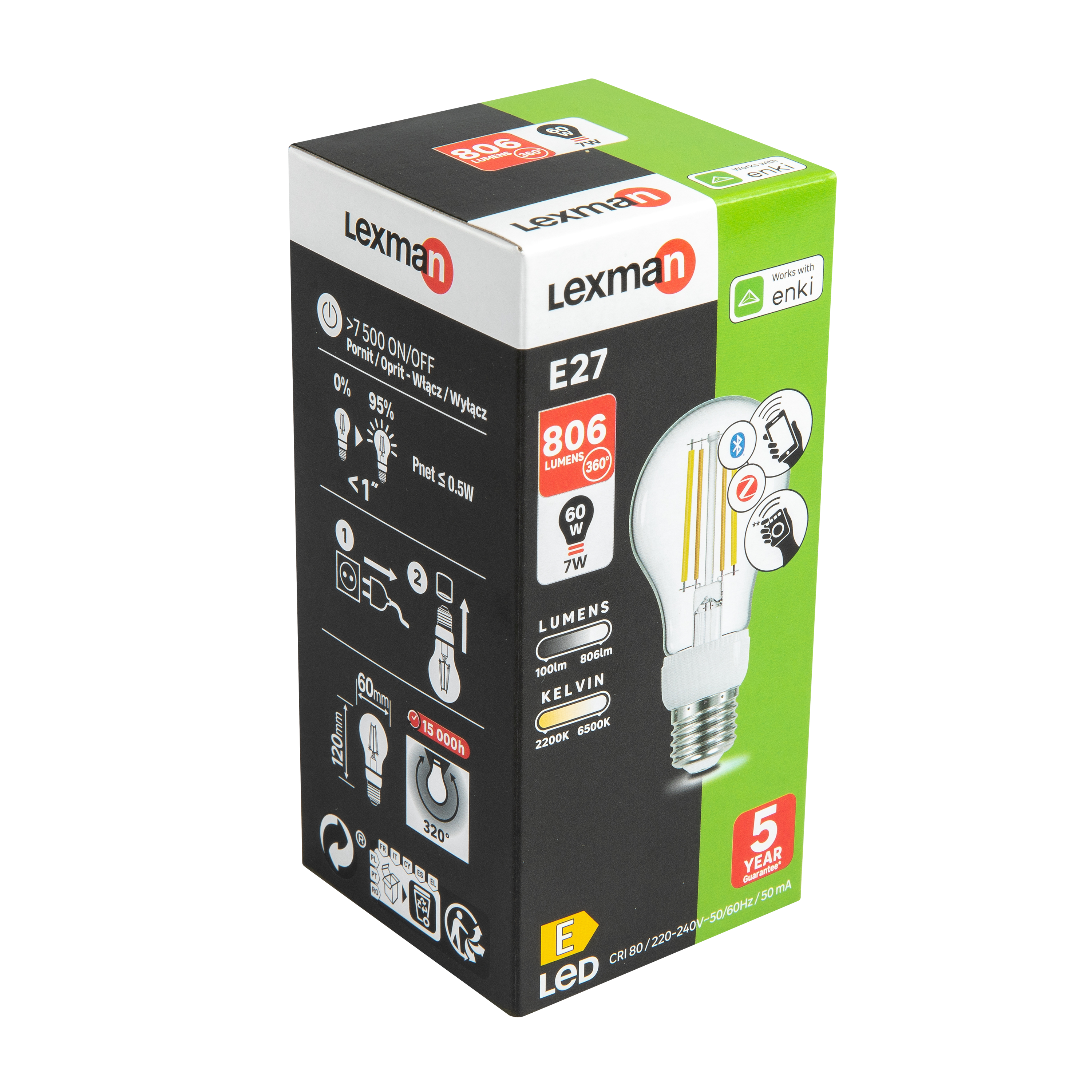 Lampadina smart LED, E27 goccia, trasparente, cct, 7W= 806 LM (equiv 60 W), 320°, LEXMAN - 4