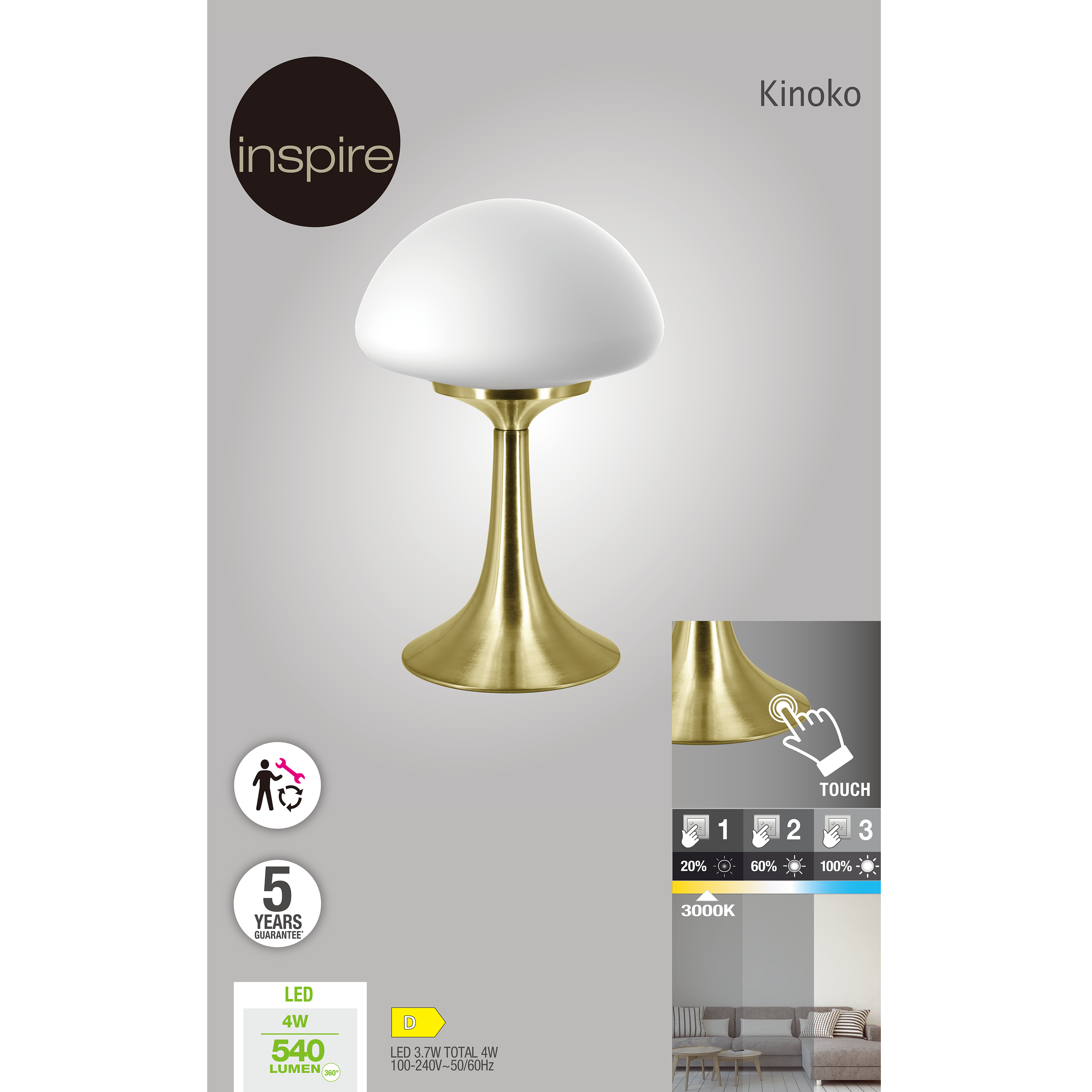 Lámpara de mesa táctil LED Kinoko INSPIRE con estructura de hierro dorado pantalla blanca de vidrio luz cálida 3000K - 4
