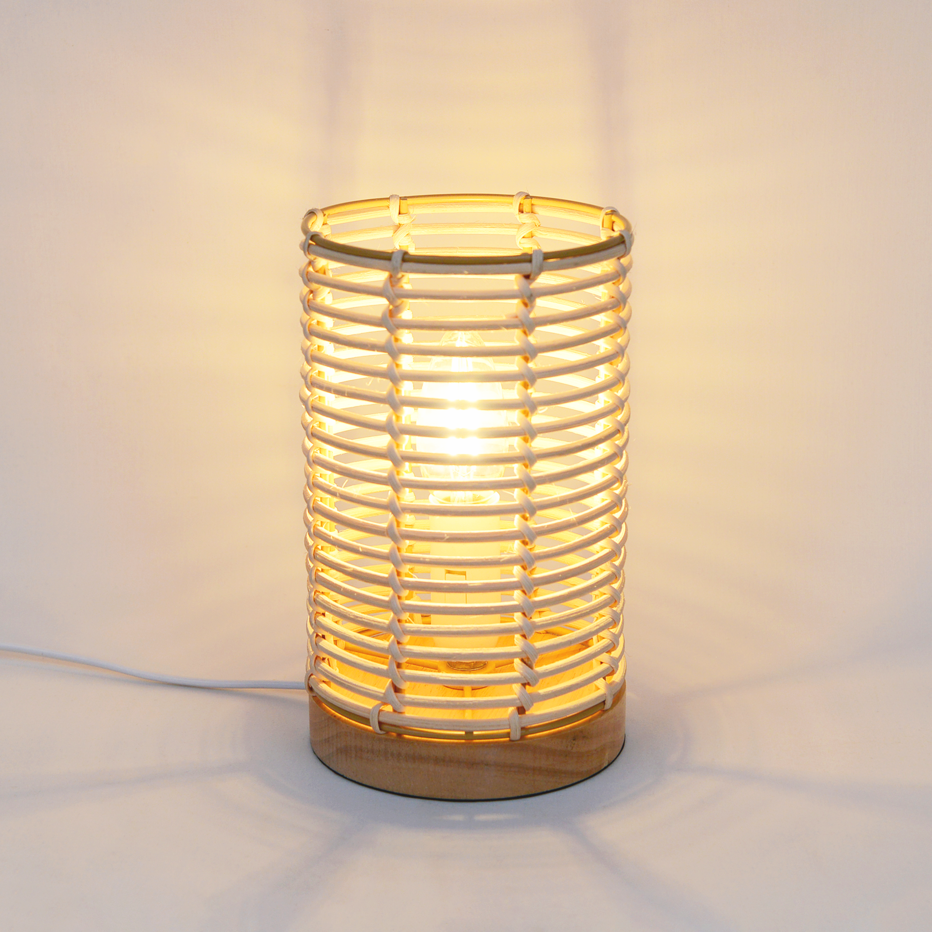 Lámpara de mesa compatible con casquillo E14 Poppy INSPIRE con estructura madera beige pantalla beige de mimbre alimentación a red - 3