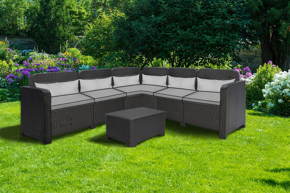 Salon bas de jardin, plastique recyclé, Sorrento CORNER anthracite, 5/6 places - 5
