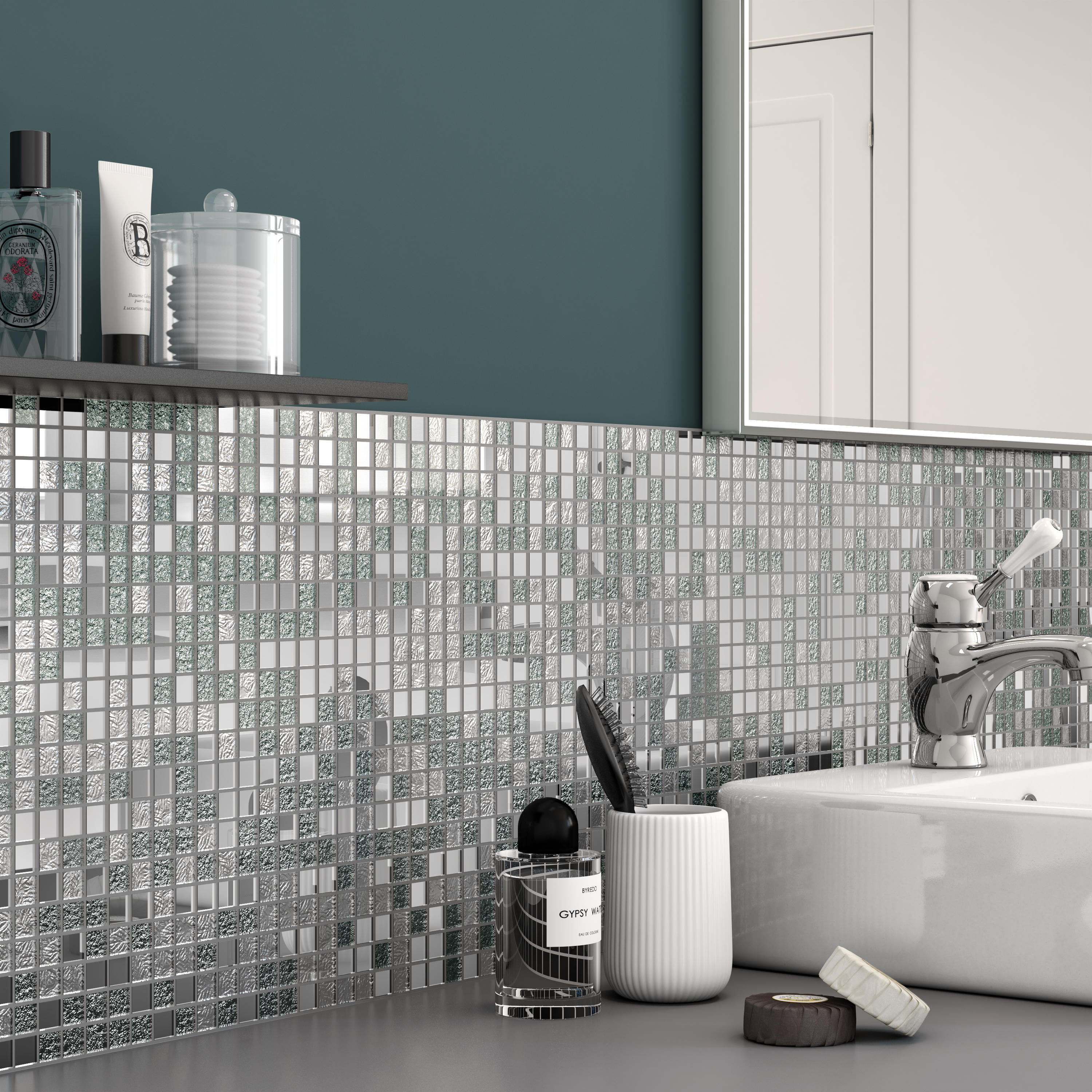 Mosaico in vetro Ice Mirror argento lucido L 29.7 x L 29.7cm x Sp. 4 mm - 6