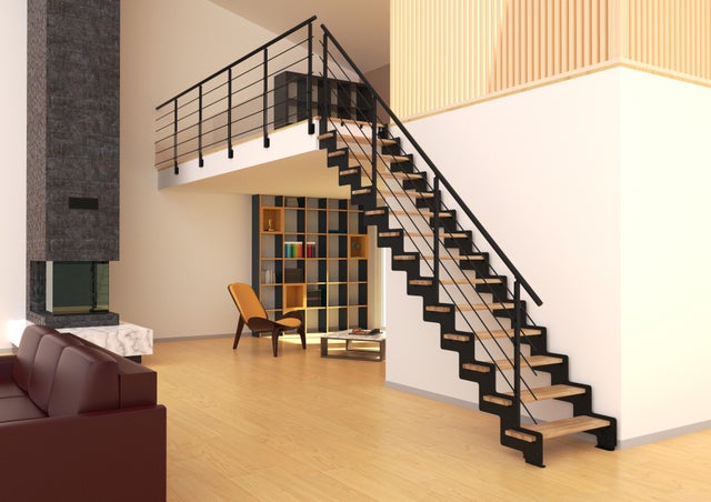 Escalier droit acier noir Crémaillère 14 marches frêne verni , l.85 cm