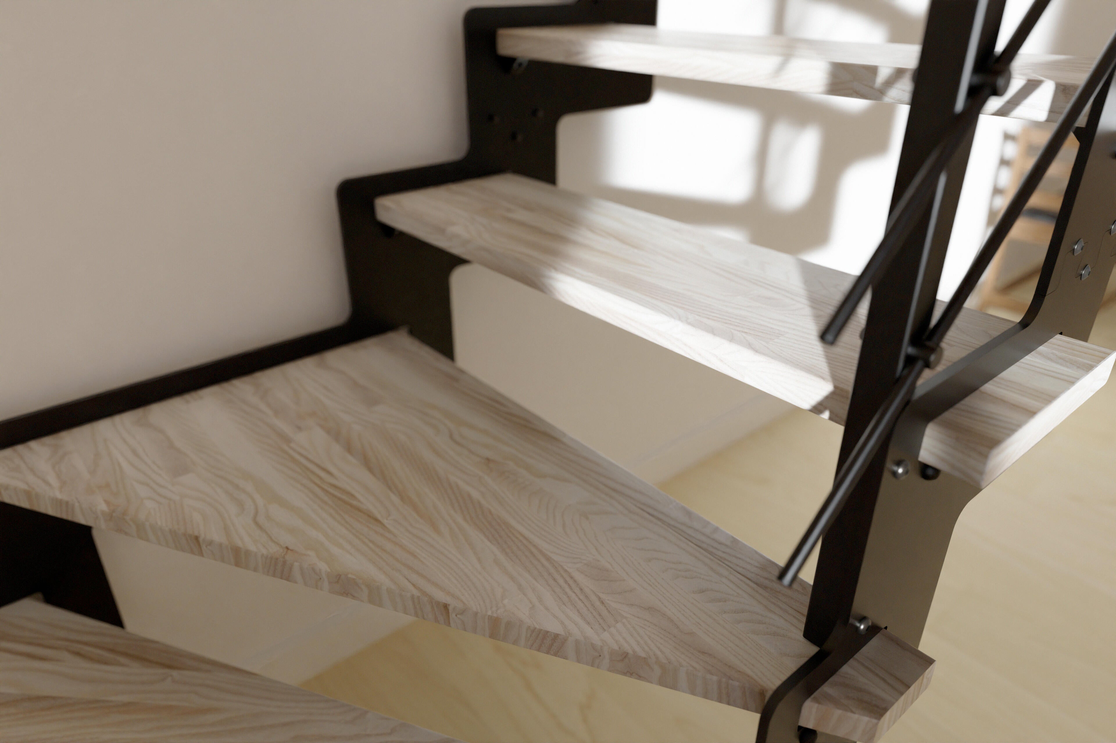 Escalier 1/4 t. bas révers. acier noir Crémaillère 14 mar. frêne brut , l.85 cm - 5