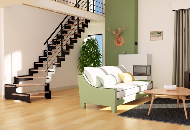 Escalier 1/4 t. bas révers. acier noir Crémaillère 14 mar. frêne verni , l.85 cm