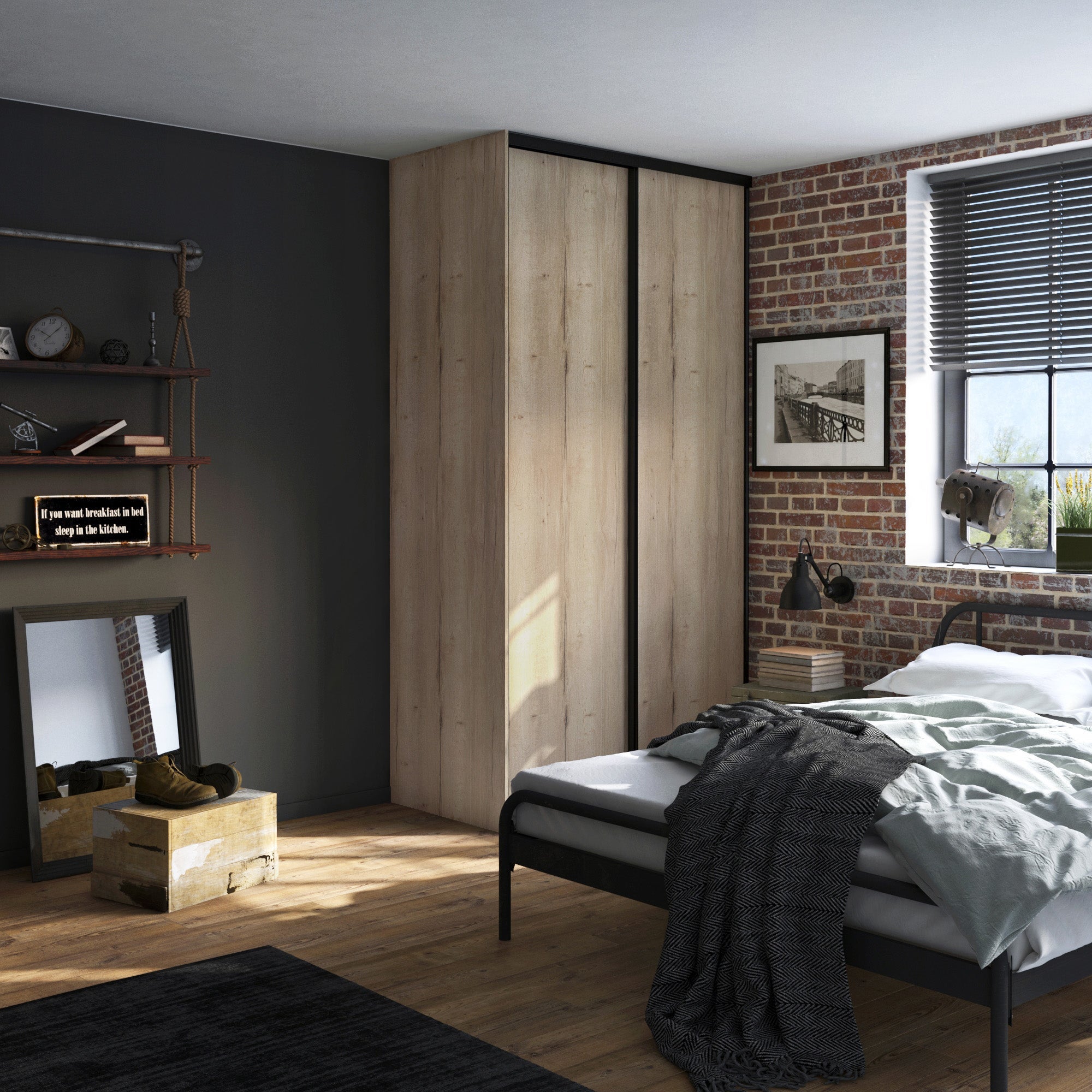 Des portes d’armoire coulissantes dans une chambre indus Leroy Merlin