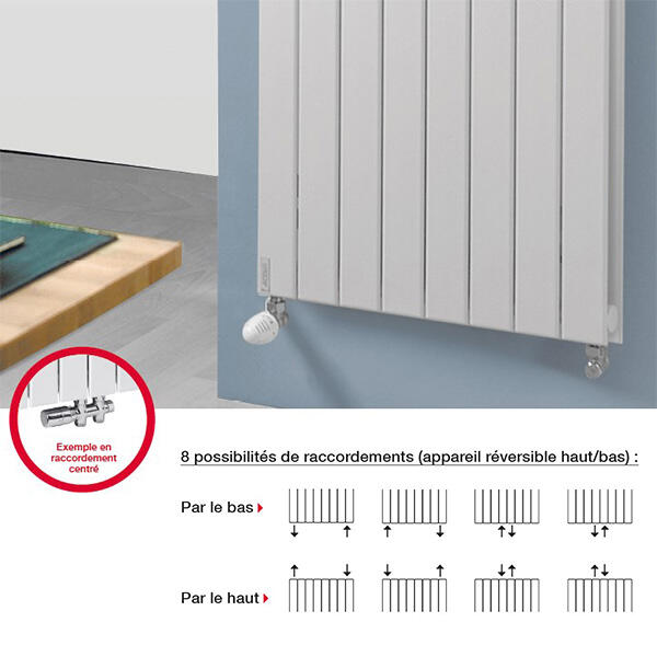 Grâce à ses 4 orifices de raccordements centrés ou exentrés il s'adapte à vos installations sans aucune difficultés (8 possibilités de raccordements). Le radiateur est également reversible haut/bas.  La température de service maximal de l'appareil est de 110°C et la pression de service maximal de 4 bars. Le Lina est adapté aux installations de basse température.
Inclus : purgeur d'air chromé 1/4