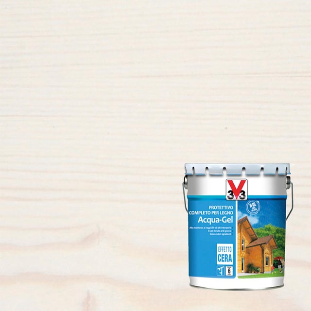 Impregnante per legno da esterno a base acqua V33 Acqua-Gel bianco satinato 10 lt, 6 anni di protezione.