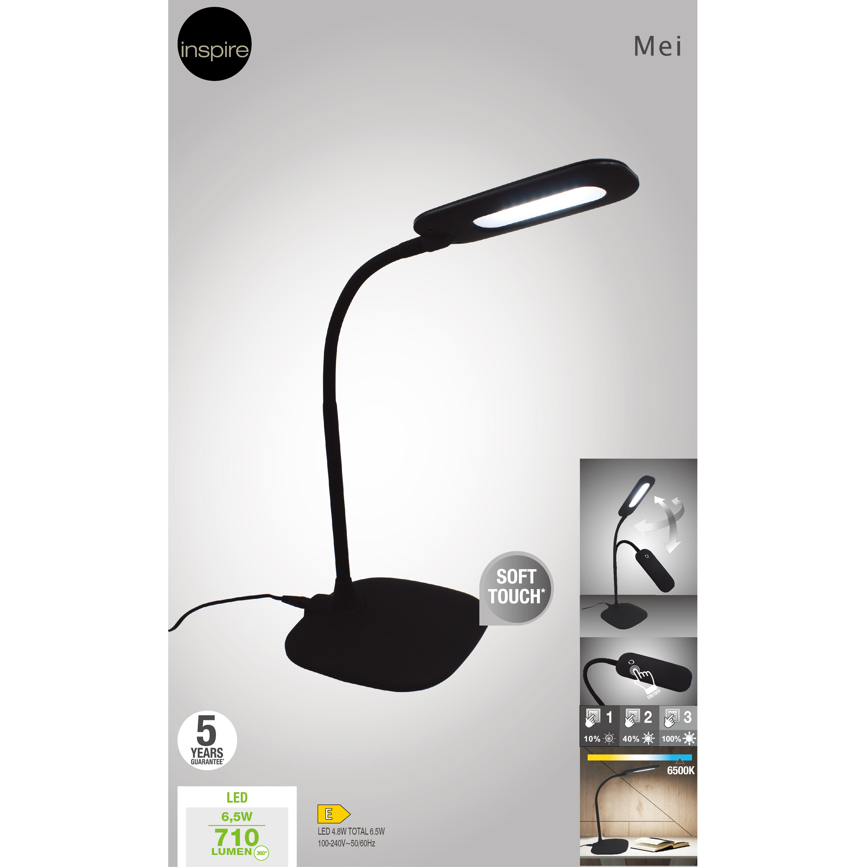 Lampe de bureau Mei tactile, fer / abs, noir, H.55 cm, INSPIRELED - 4