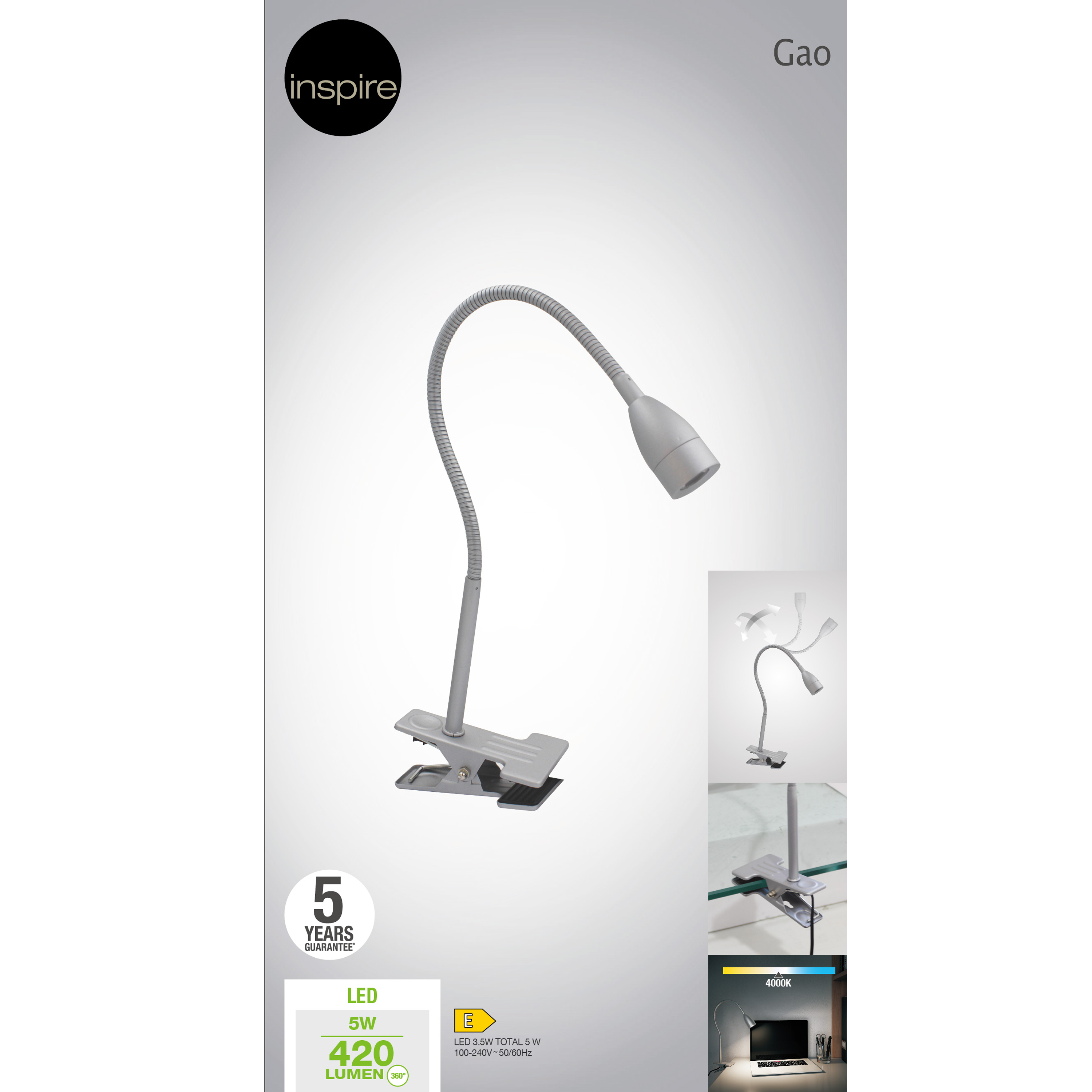 Lampka biurkowa z klipsem Gao LED srebrna Inspire - 12