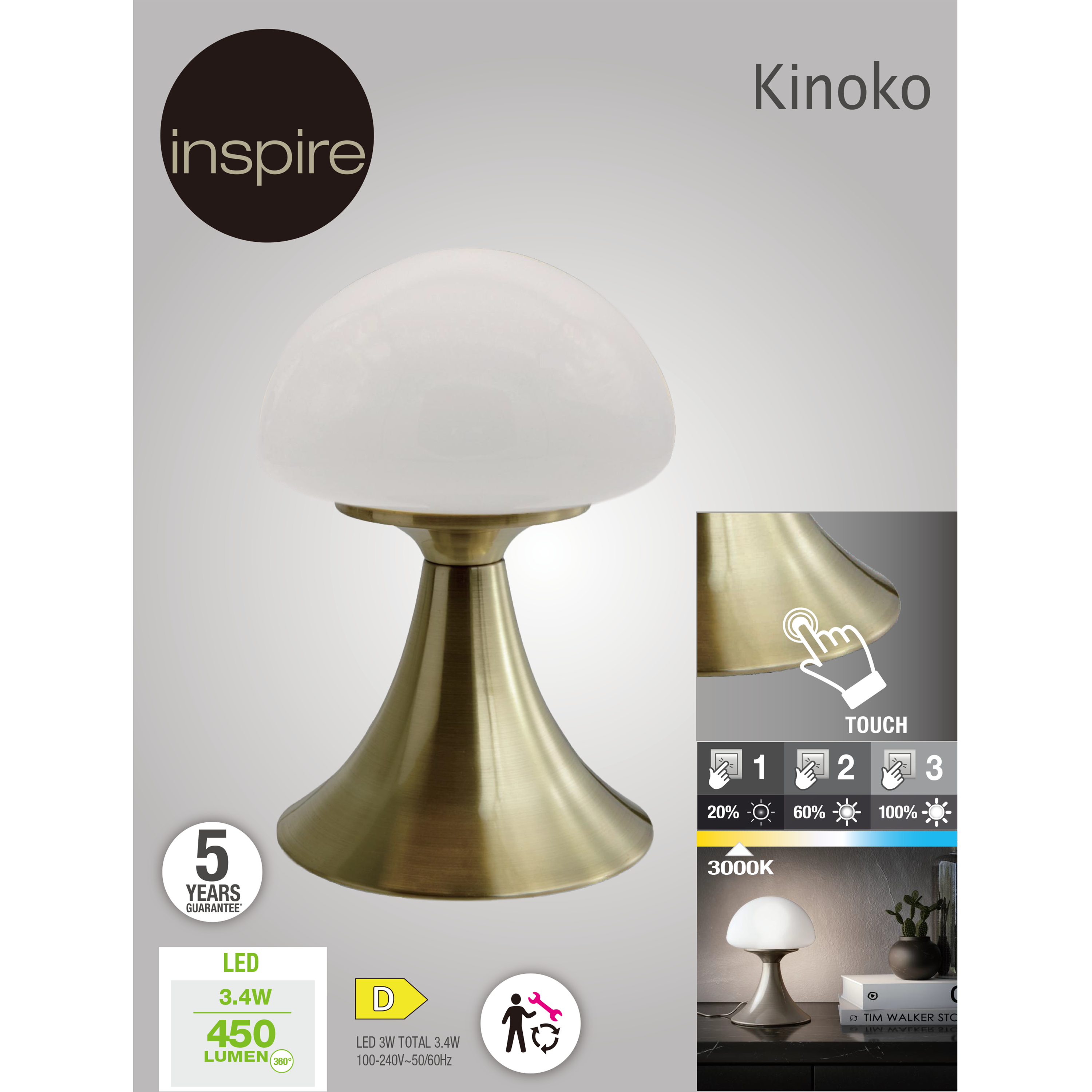 Lampe Kinoko tactile, verre, laiton, H.22 cm, INSPIRELED - 10