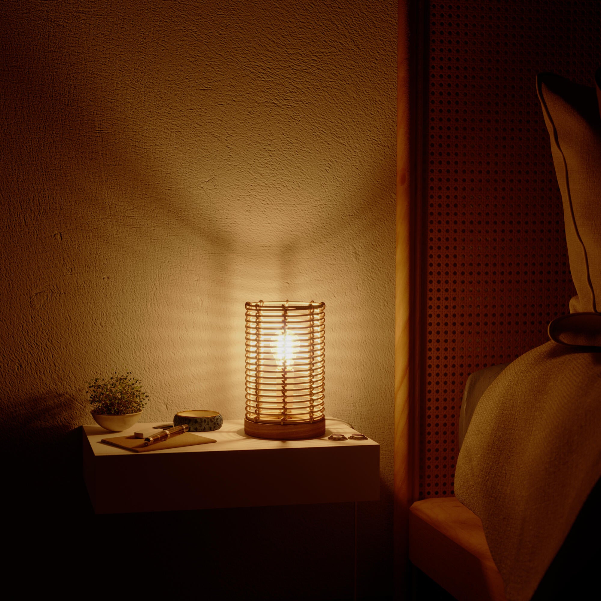 Lámpara de mesa compatible con casquillo E14 Poppy INSPIRE con estructura madera beige pantalla beige de mimbre alimentación a red - 6