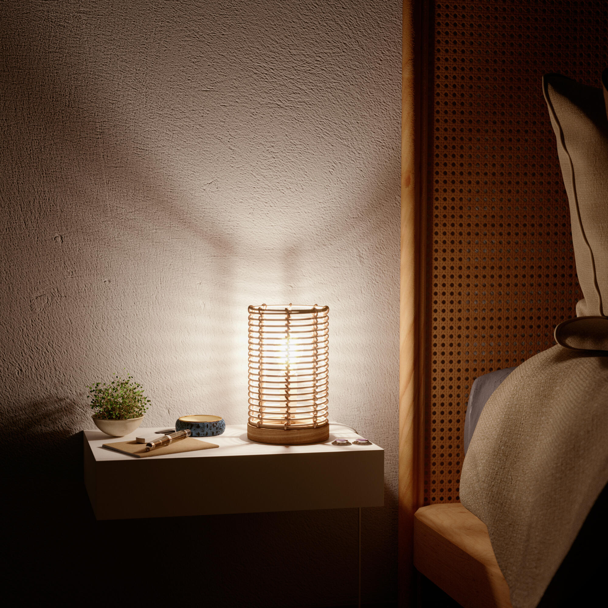 Lámpara de mesa compatible con casquillo E14 Poppy INSPIRE con estructura madera beige pantalla beige de mimbre alimentación a red - 5